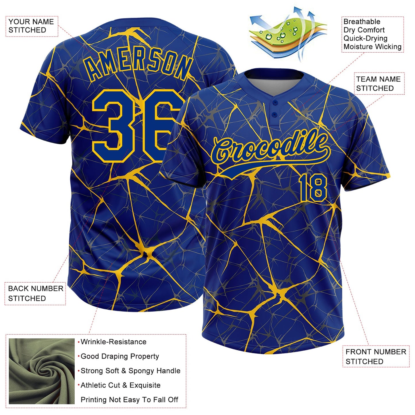 Custom Royal Yellow 3D Pattern Abstract Network Two-Button Unisex Softball Jersey view 3