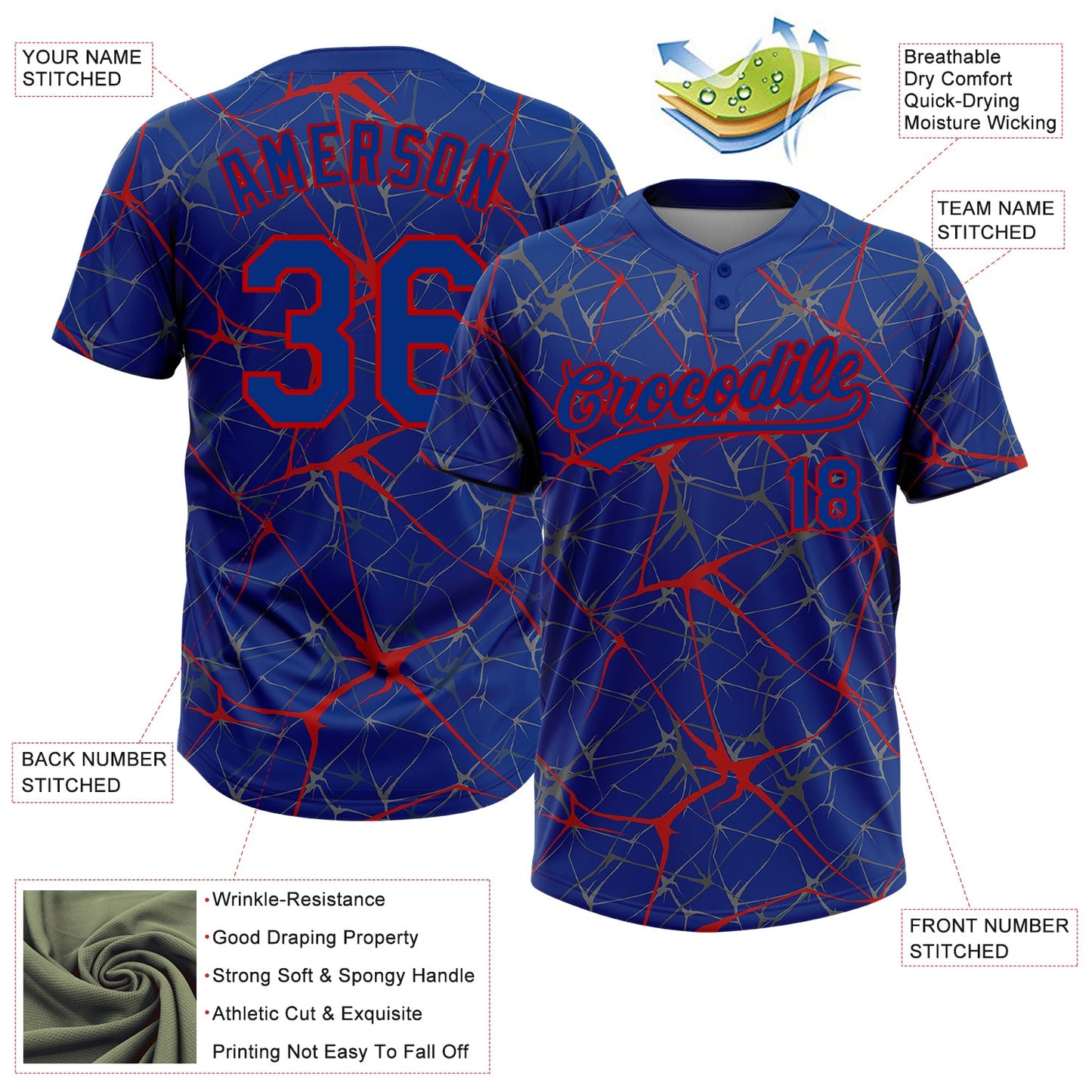 Custom Royal Red 3D Pattern Abstract Network Two-Button Unisex Softball Jersey view 3