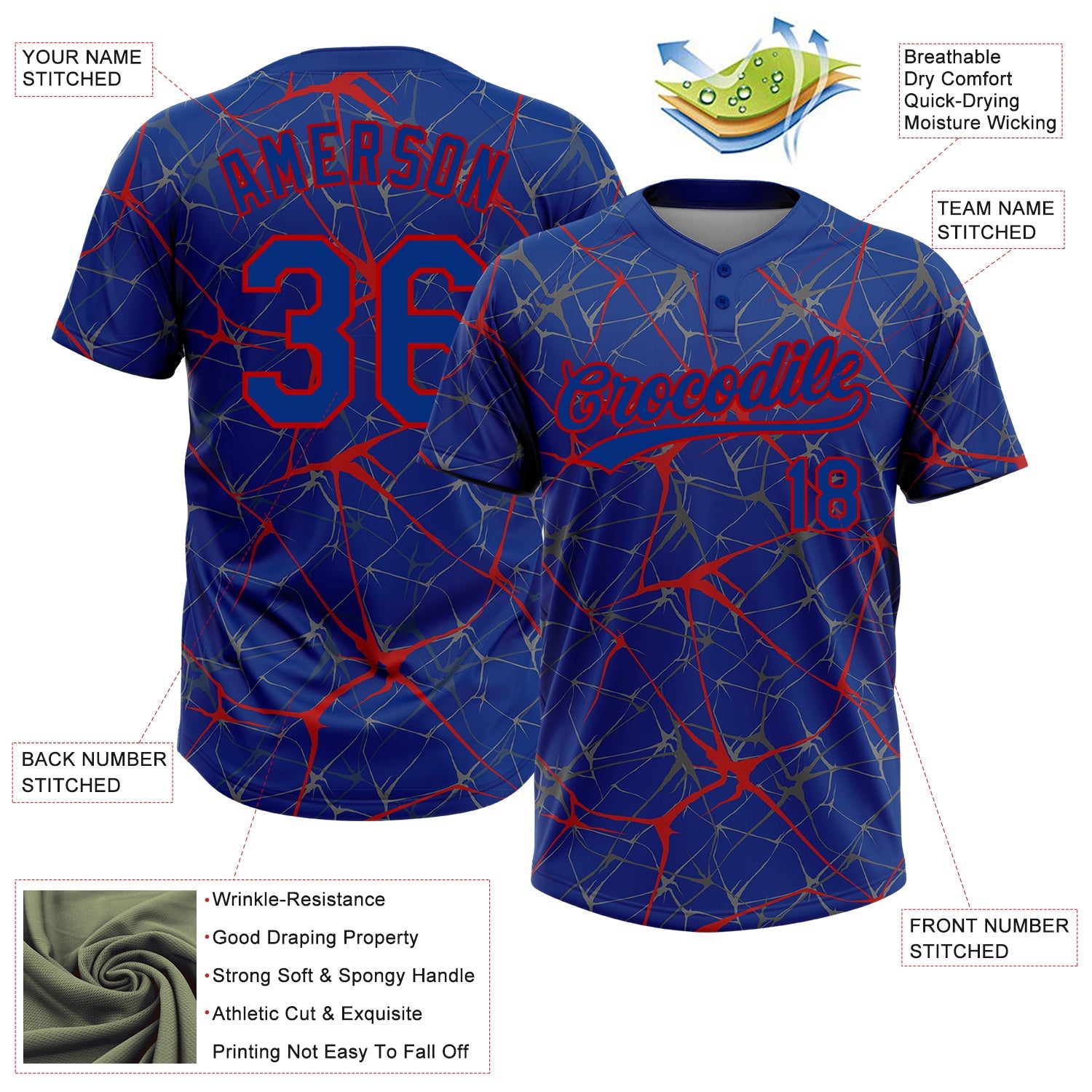 Custom Royal Red 3D Pattern Abstract Network Two-Button Unisex Softball Jersey view 3
