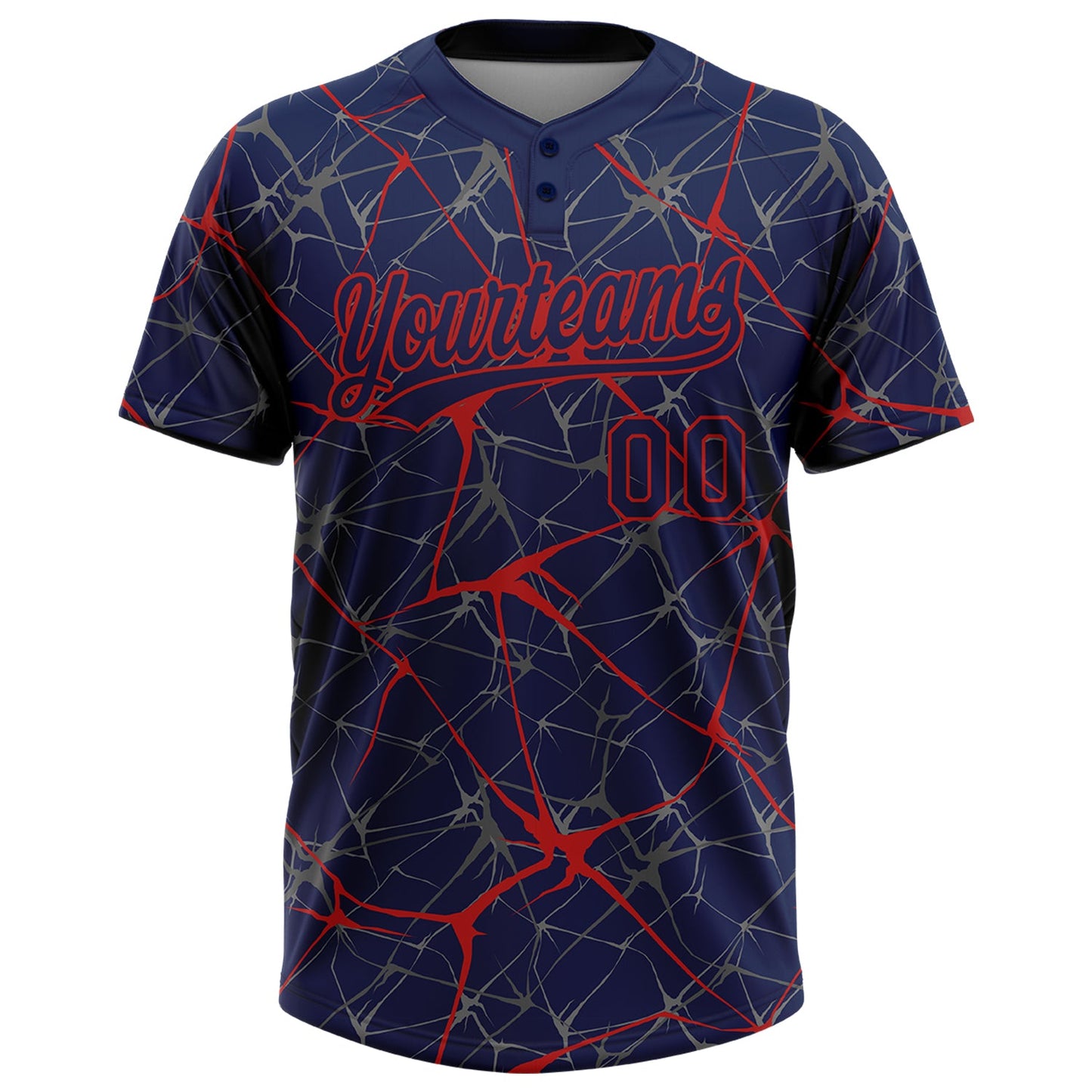 Custom Navy Red 3D Pattern Abstract Network Two-Button Unisex Softball Jersey view 2