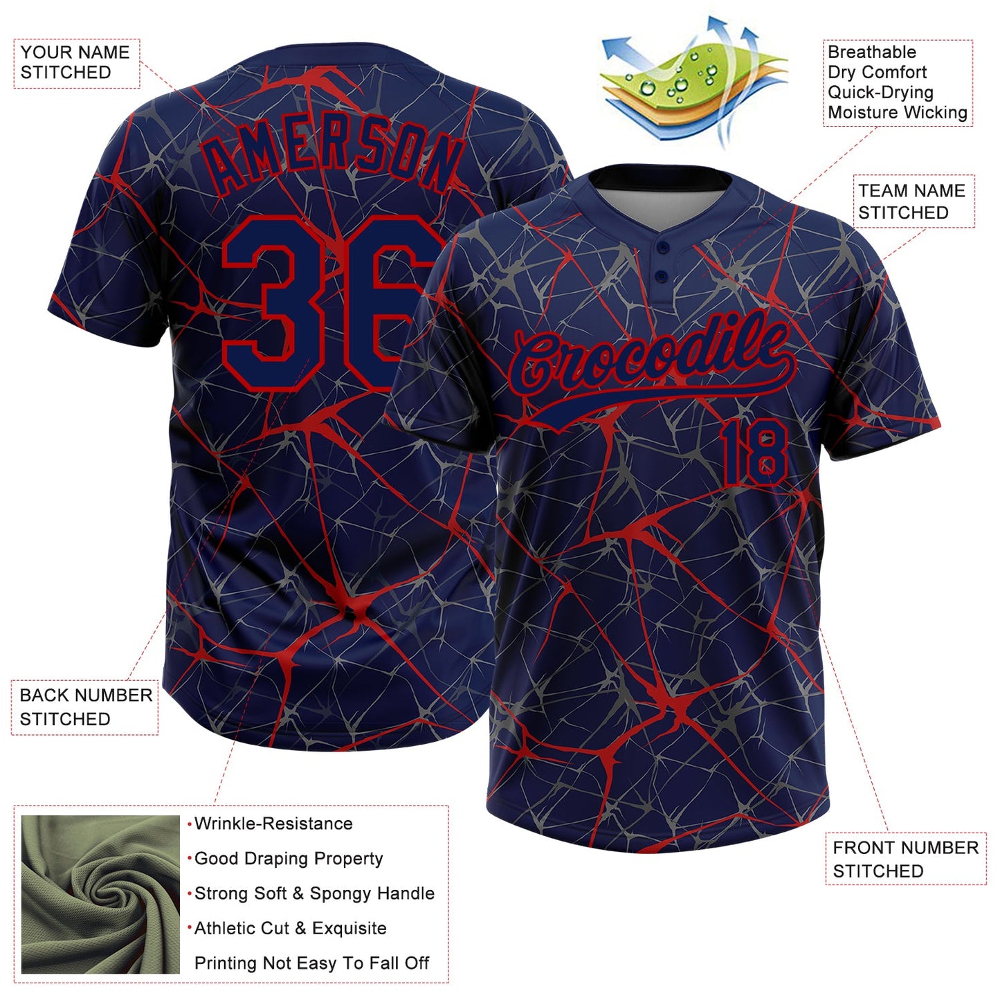 Custom Navy Red 3D Pattern Abstract Network Two-Button Unisex Softball Jersey view 3