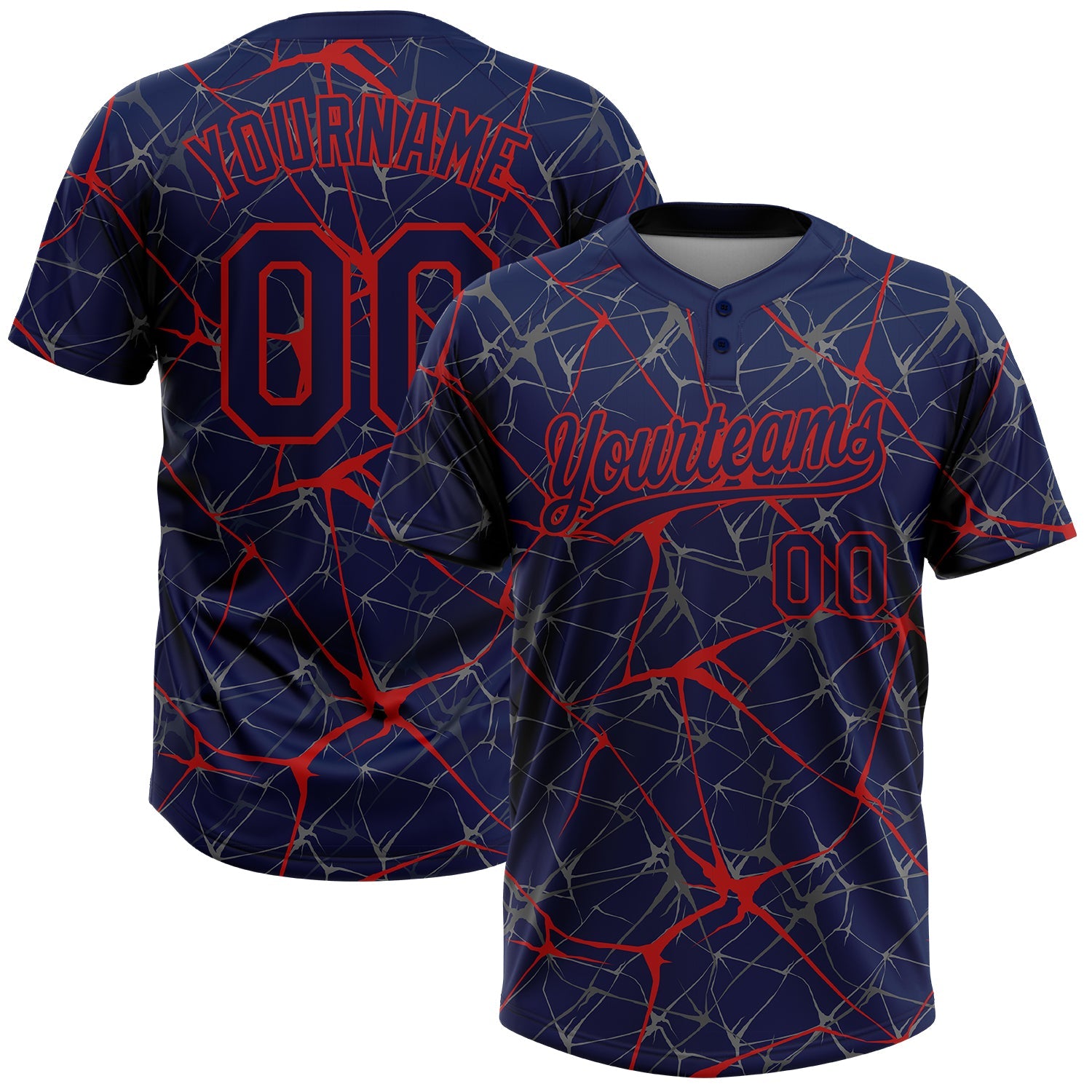 Custom Navy Red 3D Pattern Abstract Network Two-Button Unisex Softball Jersey - Main View