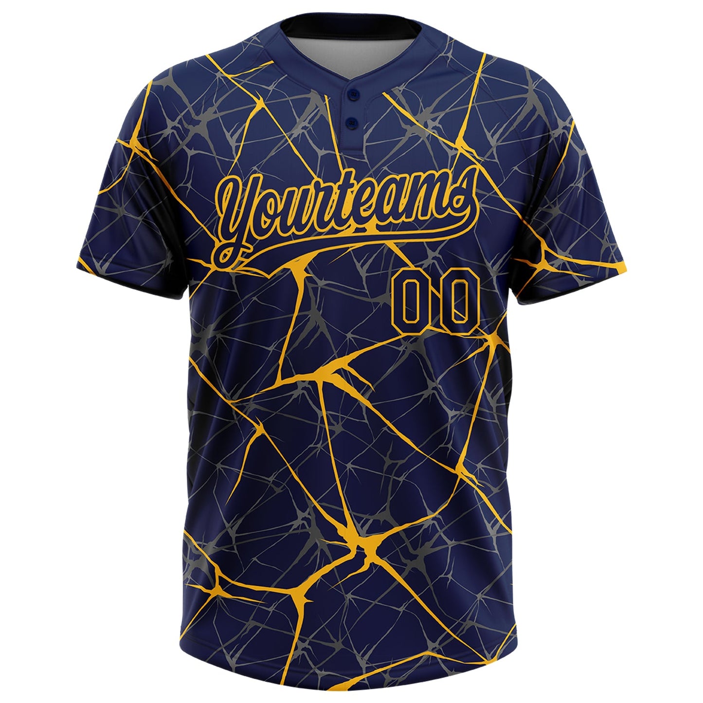 Custom Navy Gold 3D Pattern Abstract Network Two-Button Unisex Softball Jersey view 2