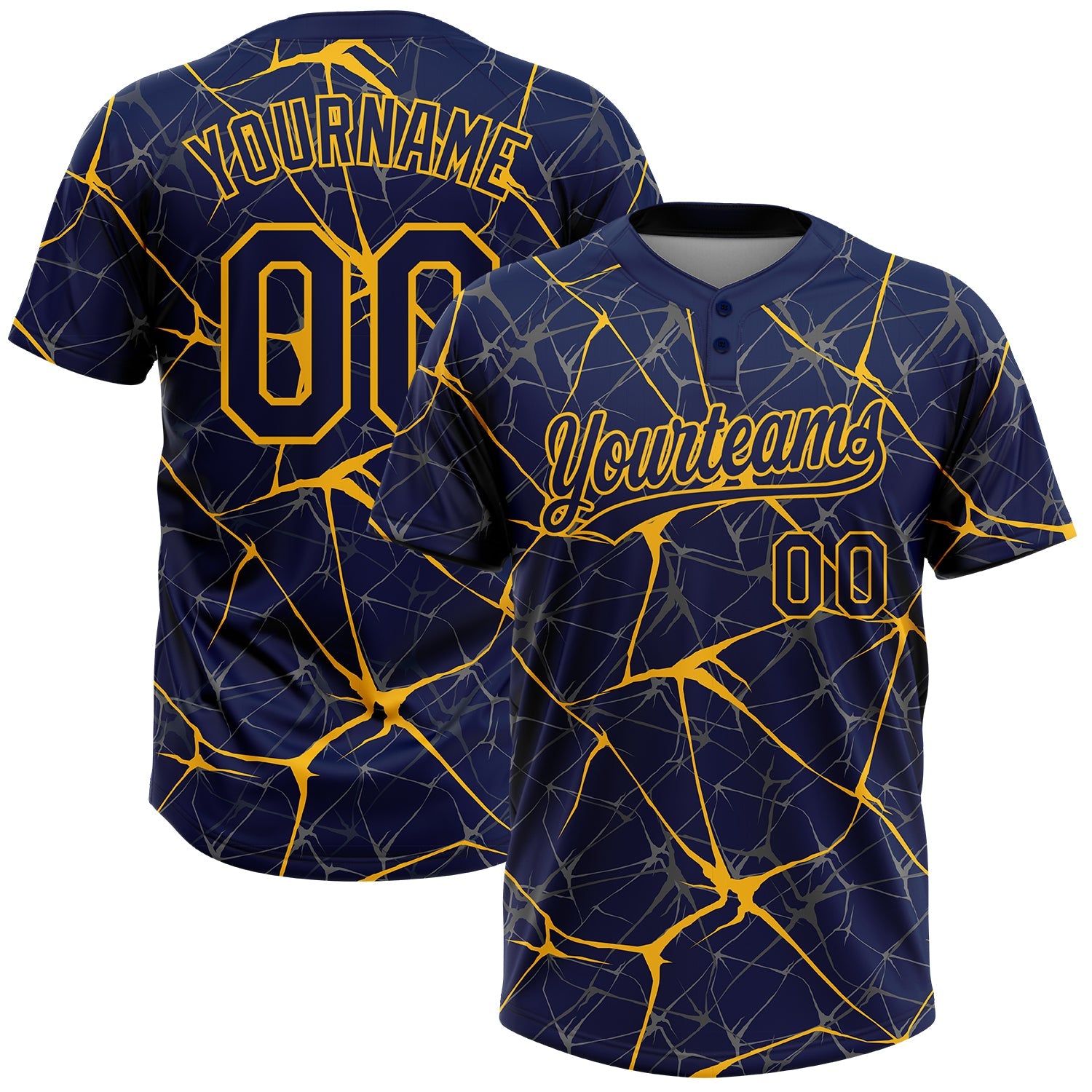 Custom Navy Gold 3D Pattern Abstract Network Two-Button Unisex Softball Jersey - Main View