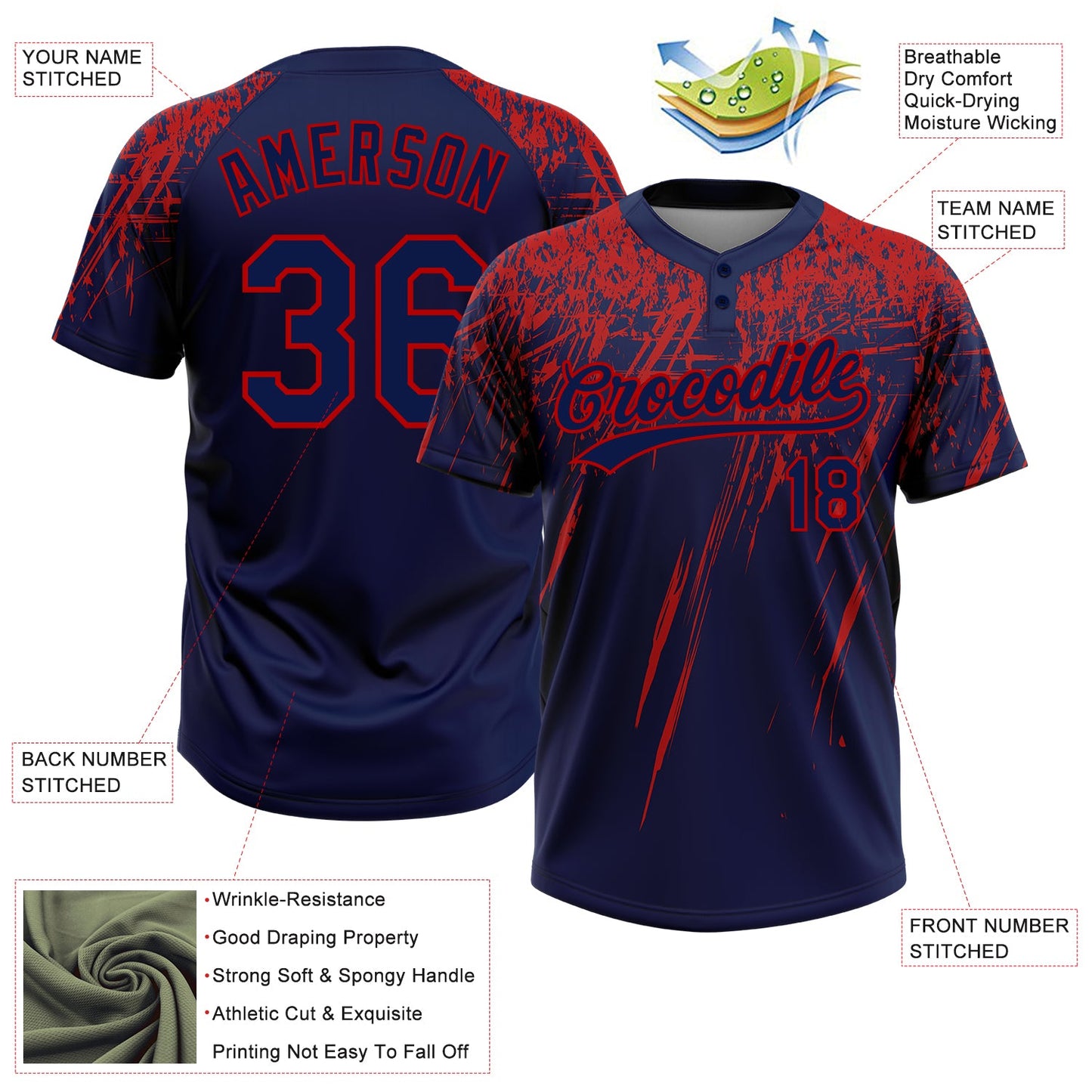 Custom Navy Red 3D Pattern Abstract Sharp Shape Two-Button Unisex Softball Jersey view 3
