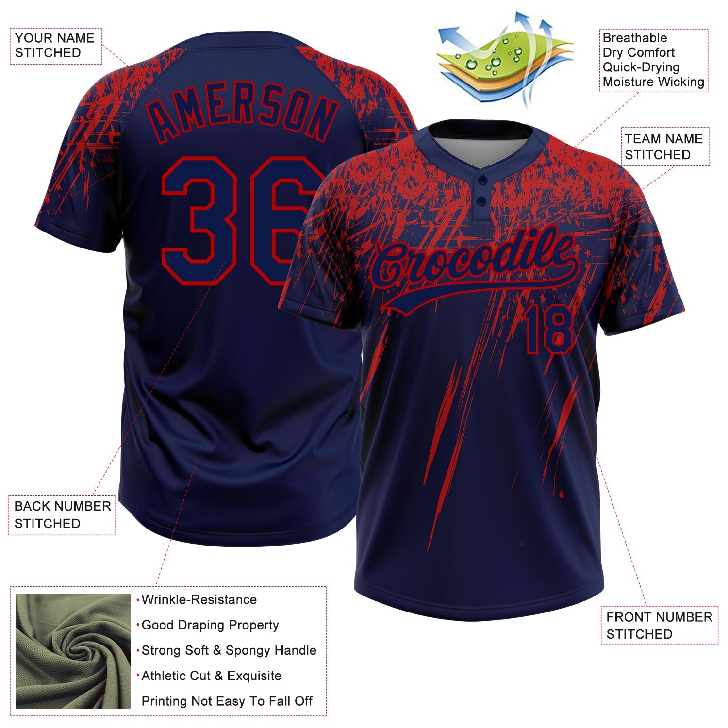 Custom Navy Red 3D Pattern Abstract Sharp Shape Two-Button Unisex Softball Jersey view 3