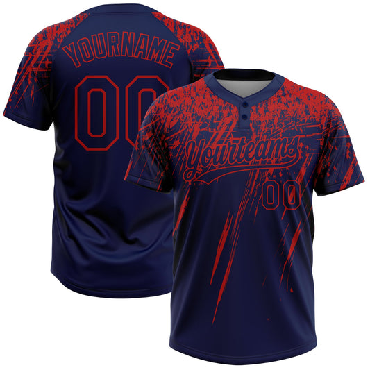 Custom Navy Red 3D Pattern Abstract Sharp Shape Two-Button Unisex Softball Jersey - Main View