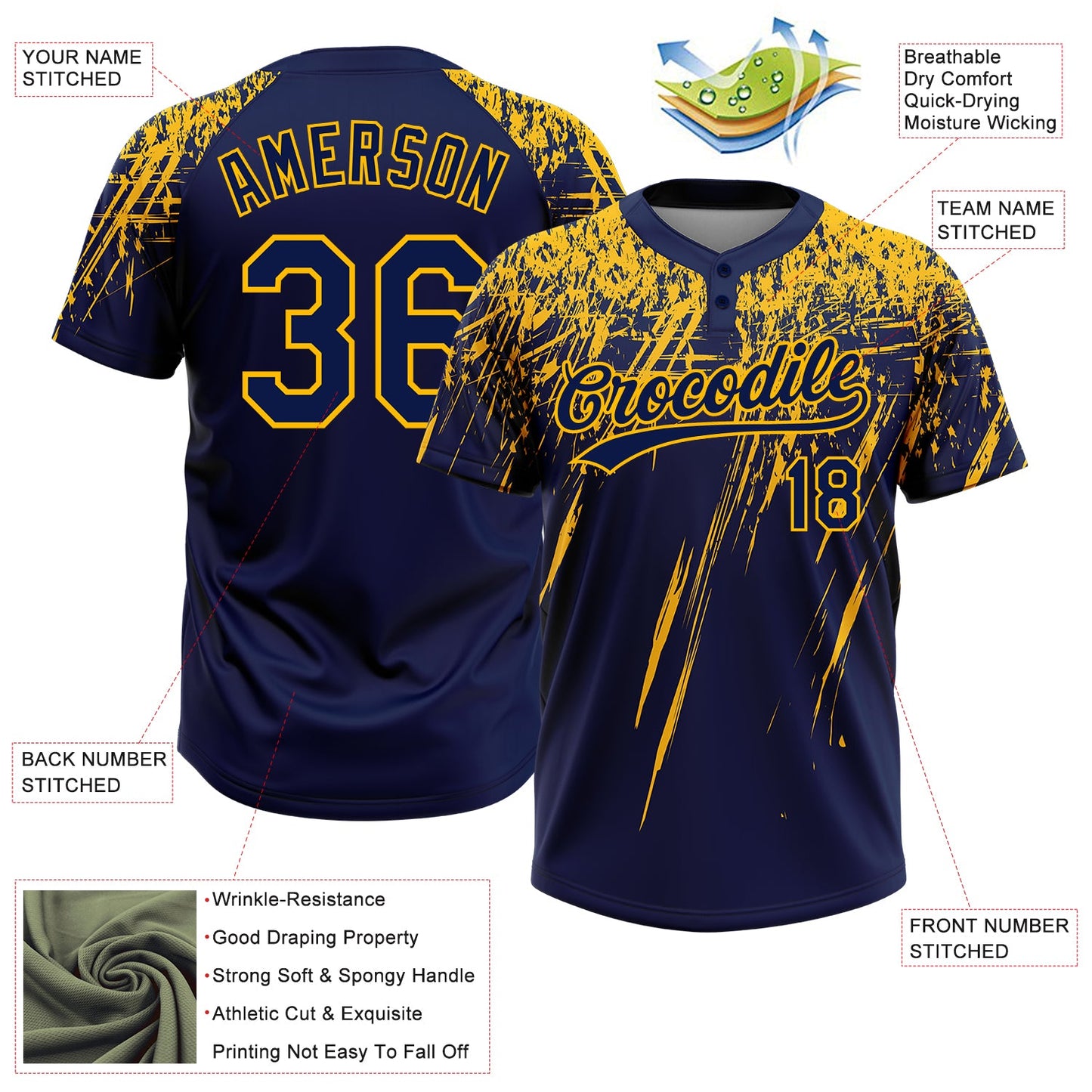 Custom Navy Gold 3D Pattern Abstract Sharp Shape Two-Button Unisex Softball Jersey view 3