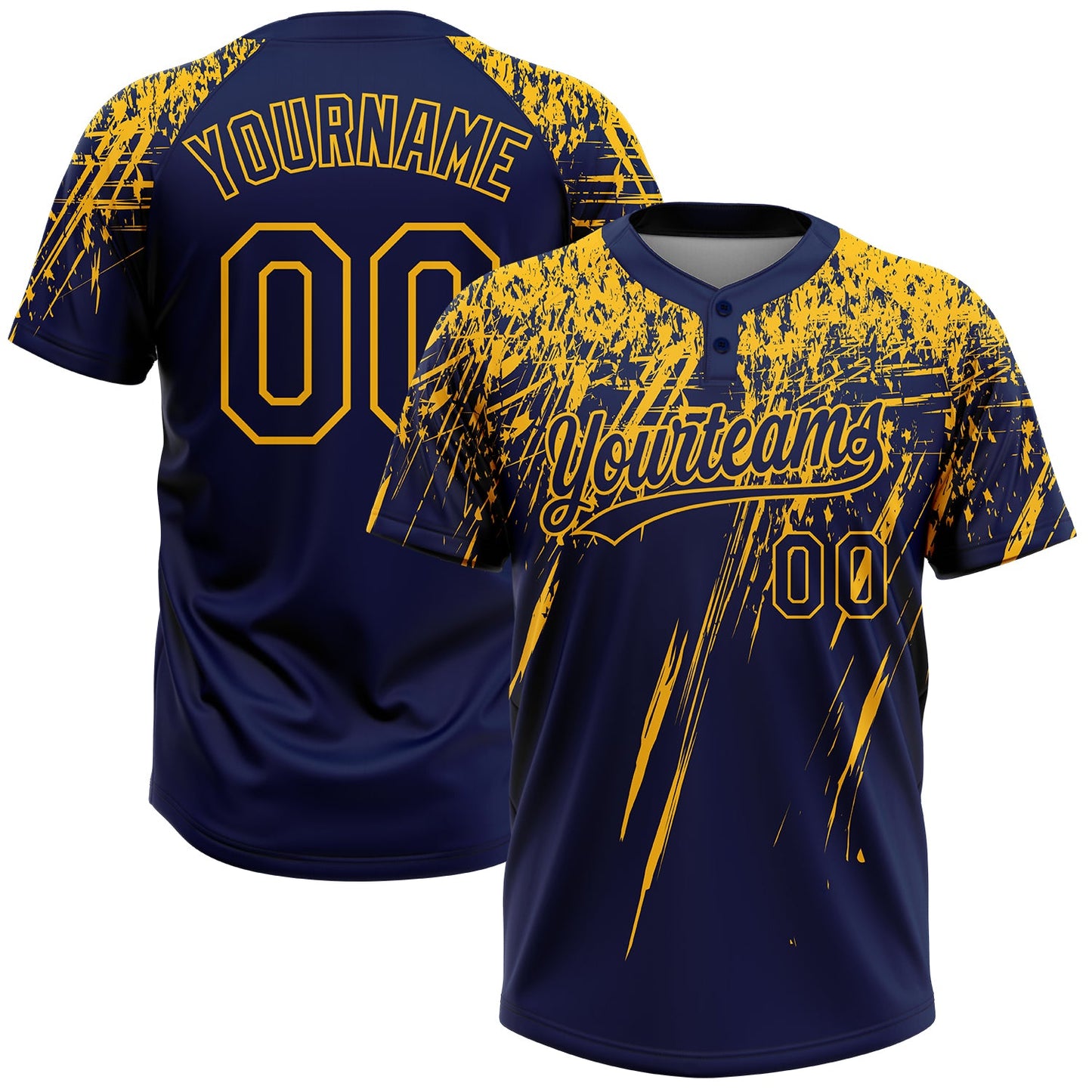Custom Navy Gold 3D Pattern Abstract Sharp Shape Two-Button Unisex Softball Jersey - Main View