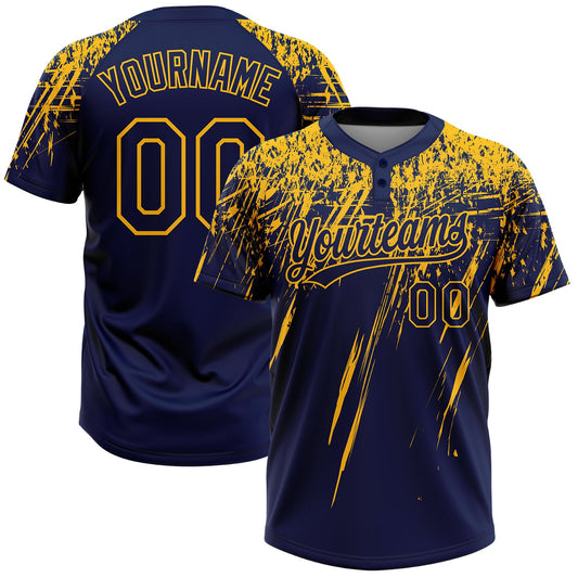 Custom Navy Gold 3D Pattern Abstract Sharp Shape Two-Button Unisex Softball Jersey - Main View