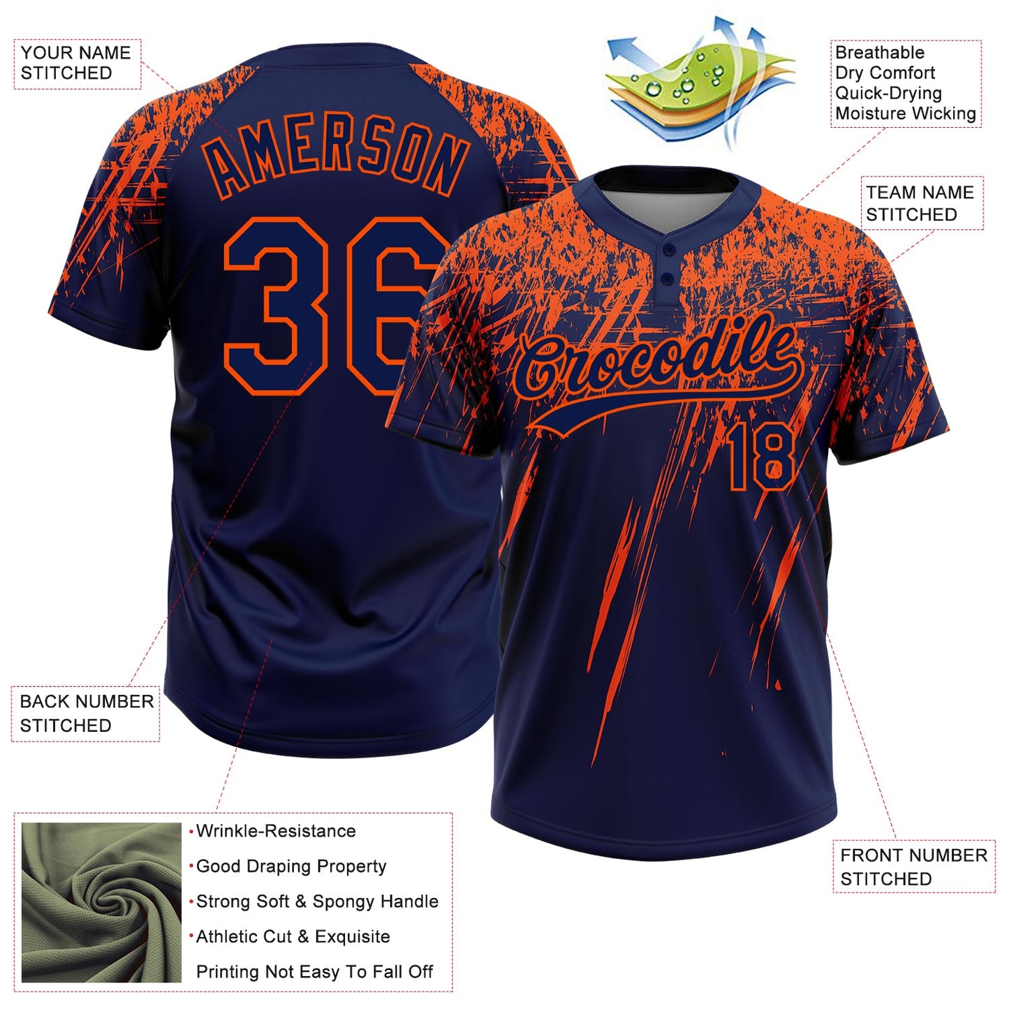 Custom Navy Orange 3D Pattern Abstract Sharp Shape Two-Button Unisex Softball Jersey view 3