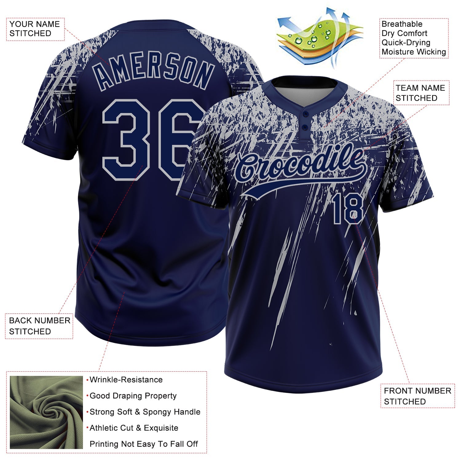 Custom Navy Gray 3D Pattern Abstract Sharp Shape Two-Button Unisex Softball Jersey view 3