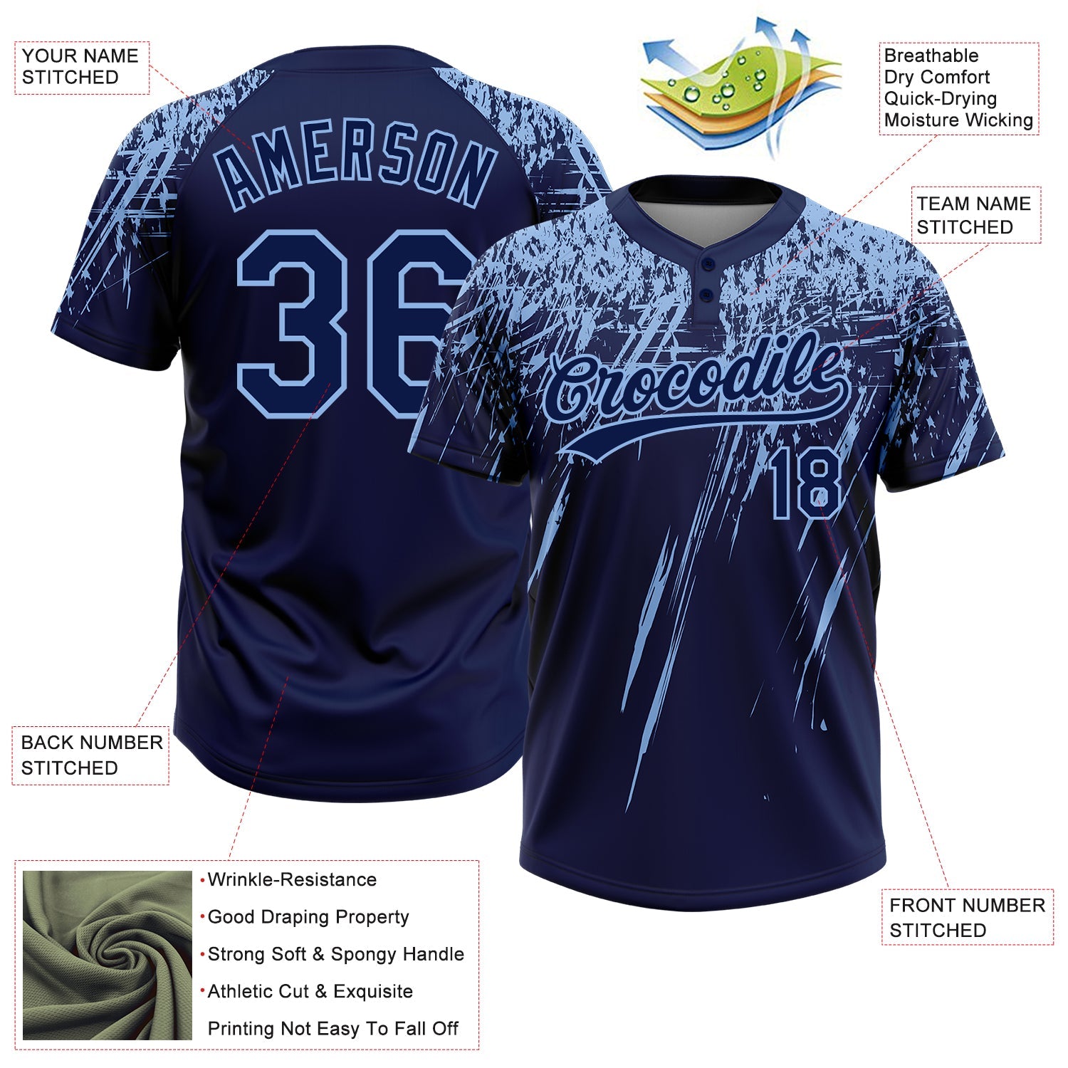 Custom Navy Light Blue 3D Pattern Abstract Sharp Shape Two-Button Unisex Softball Jersey view 3