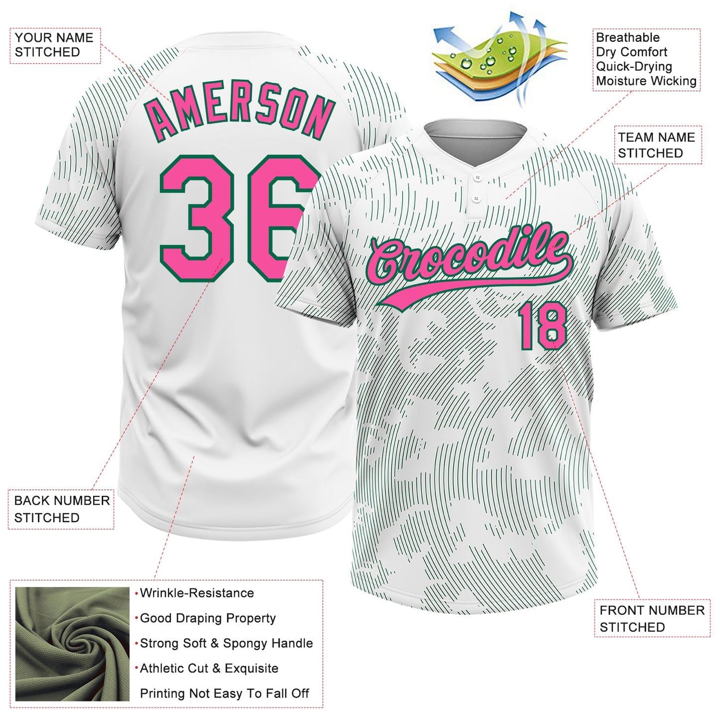 Custom White Pink-Kelly Green 3D Pattern Curve Lines Two-Button Unisex Softball Jersey view 3