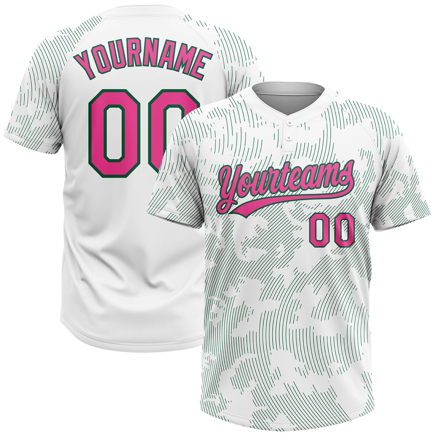 Custom White Pink-Kelly Green 3D Pattern Curve Lines Two-Button Unisex Softball Jersey - Main View