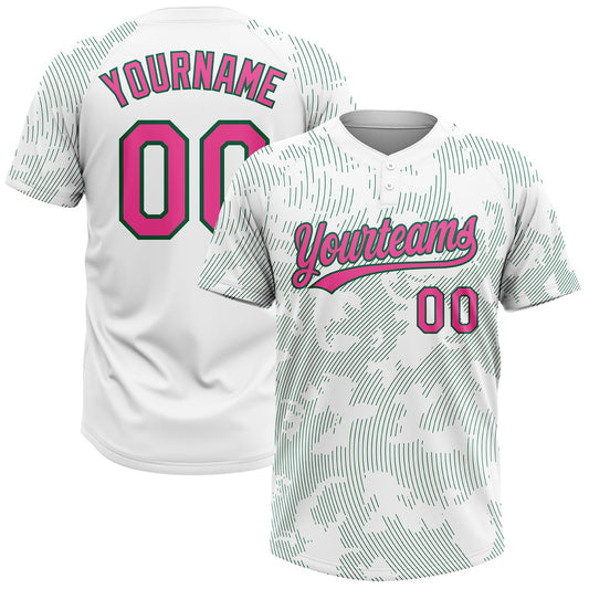 Custom White Pink-Kelly Green 3D Pattern Curve Lines Two-Button Unisex Softball Jersey - Main View