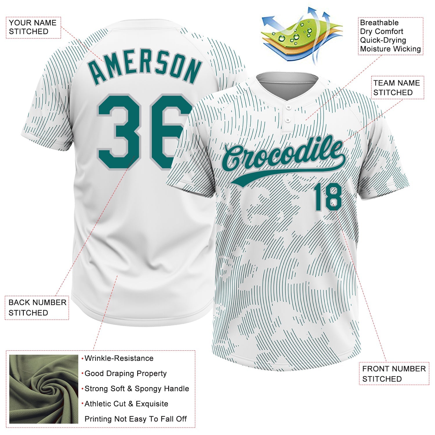 Custom White Teal-Gray 3D Pattern Curve Lines Two-Button Unisex Softball Jersey view 3