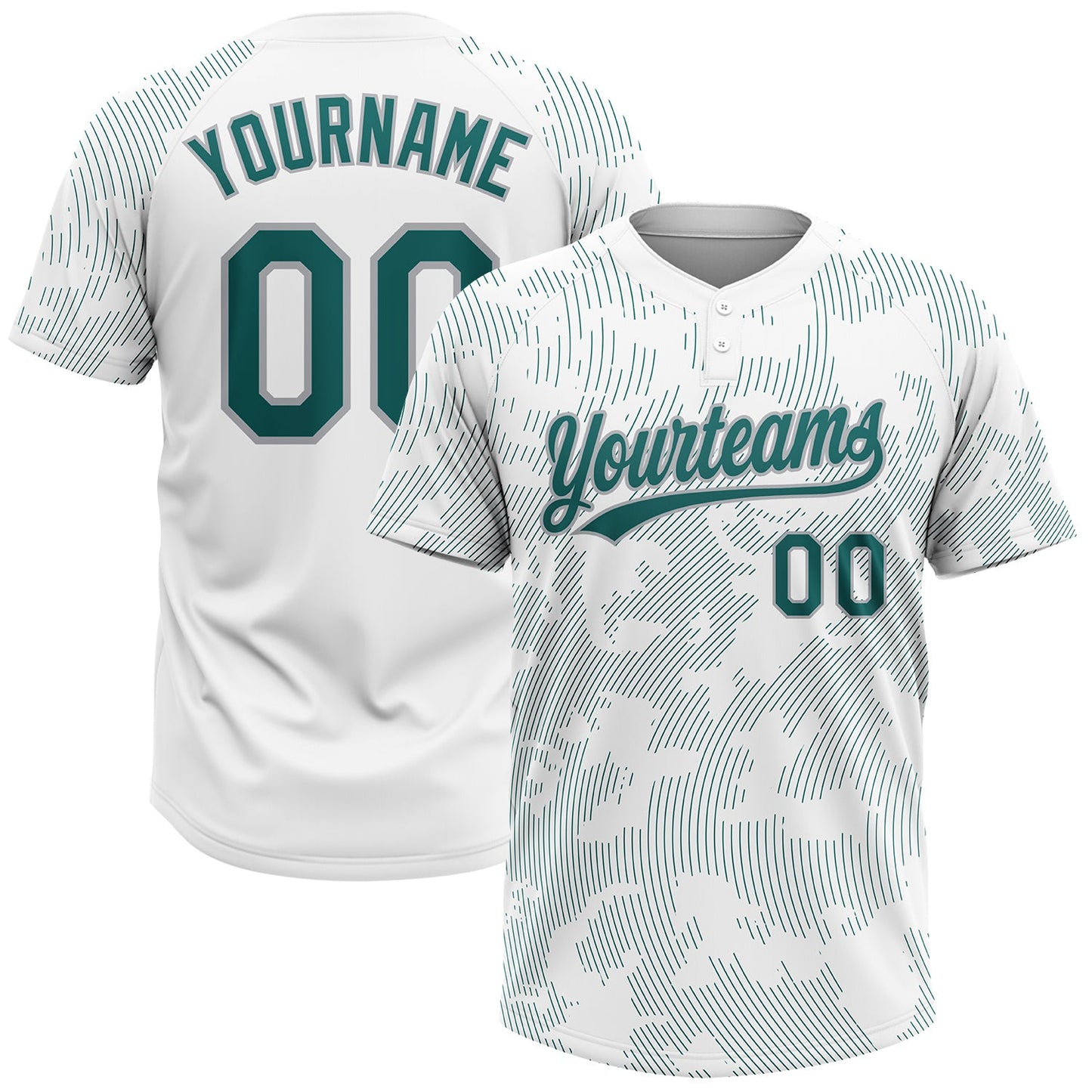 Custom White Teal-Gray 3D Pattern Curve Lines Two-Button Unisex Softball Jersey - Main View