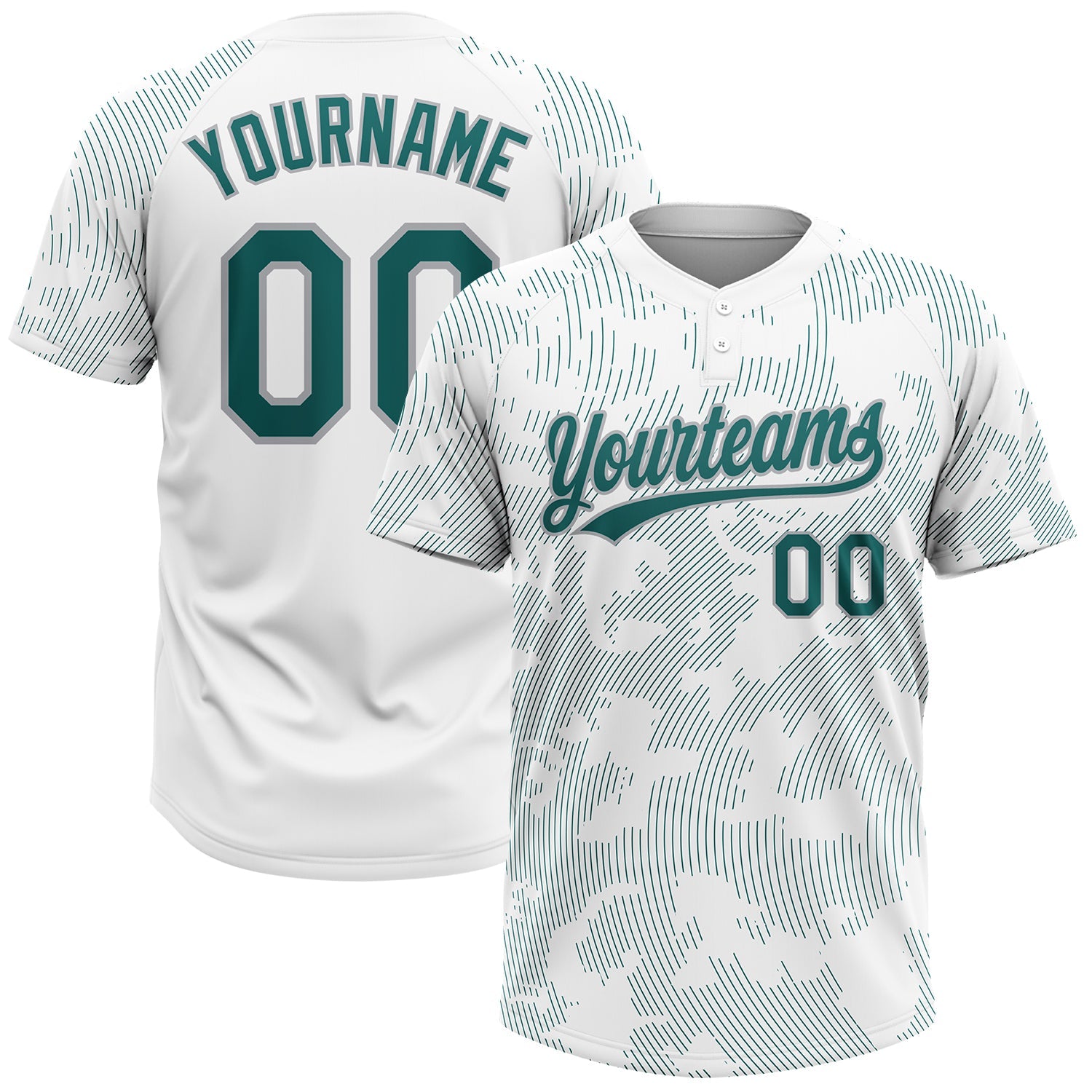 Custom White Teal-Gray 3D Pattern Curve Lines Two-Button Unisex Softball Jersey - Main View