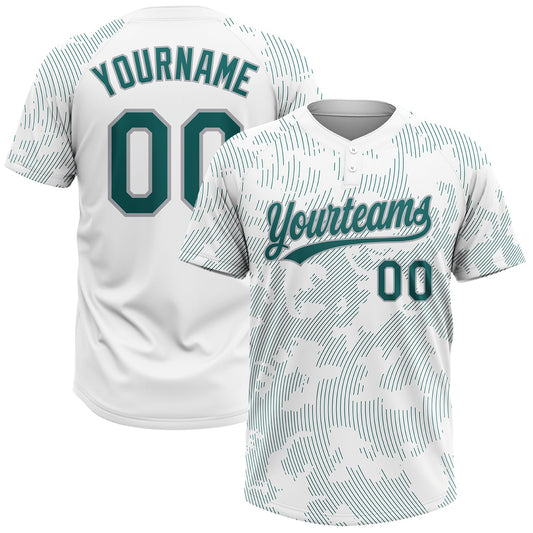 Custom White Teal-Gray 3D Pattern Curve Lines Two-Button Unisex Softball Jersey - Main View