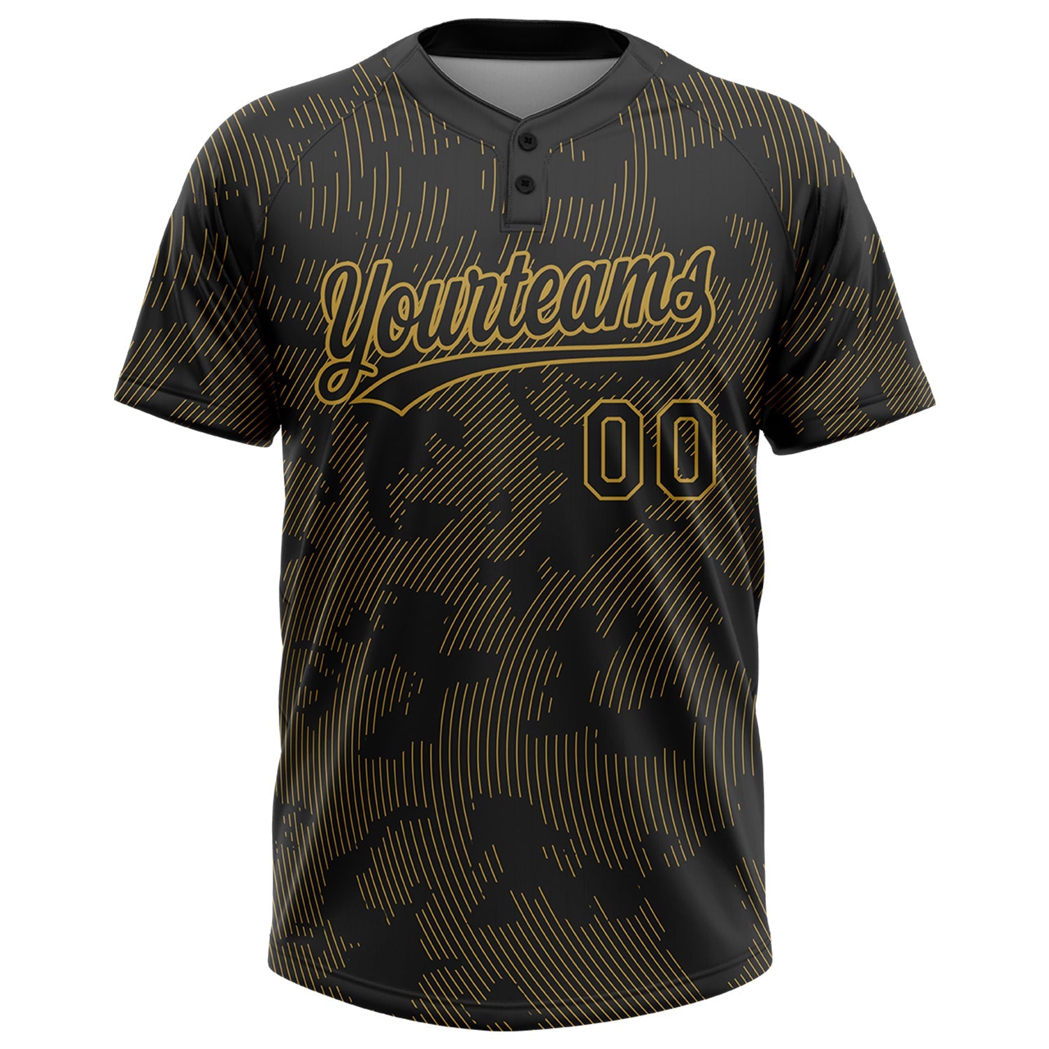 Custom Black Old Gold 3D Pattern Curve Lines Two-Button Unisex Softball Jersey view 2