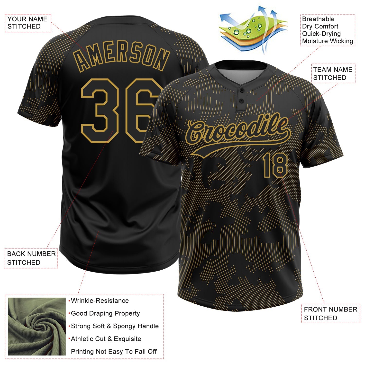 Custom Black Old Gold 3D Pattern Curve Lines Two-Button Unisex Softball Jersey view 3