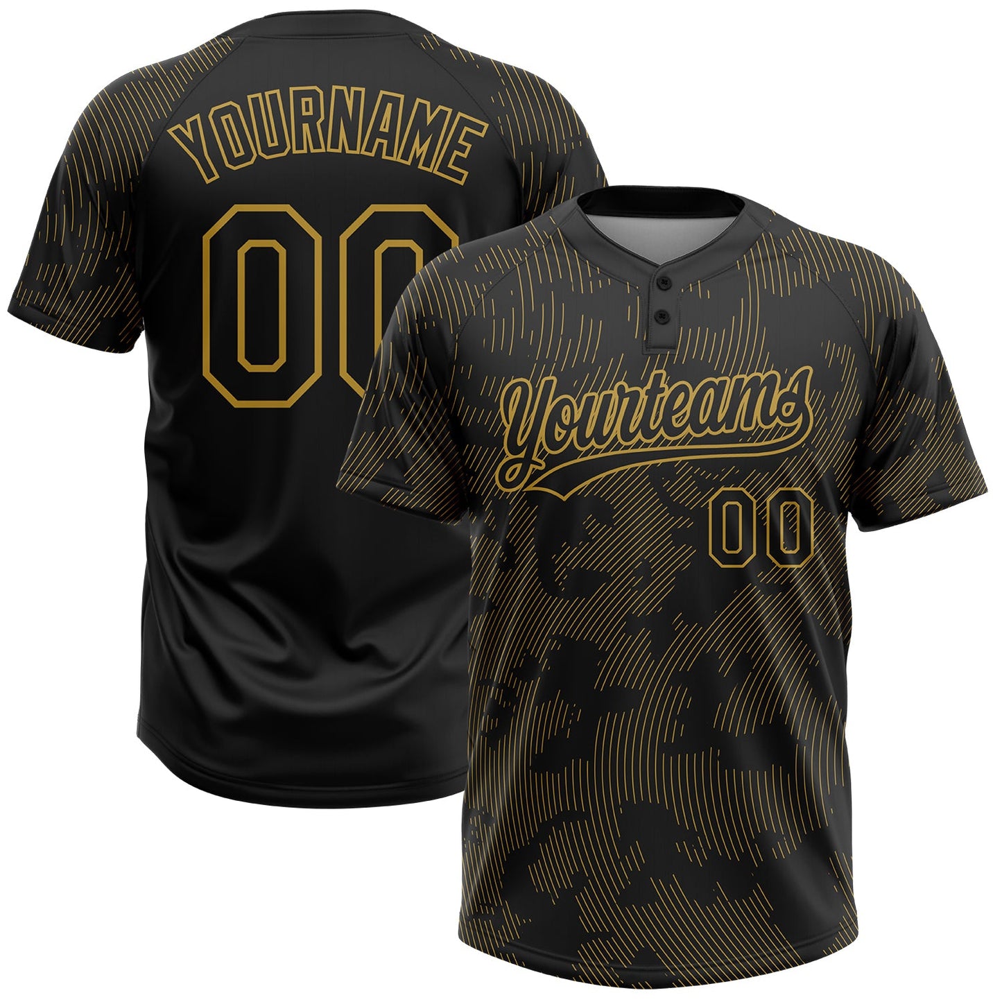 Custom Black Old Gold 3D Pattern Curve Lines Two-Button Unisex Softball Jersey - Main View