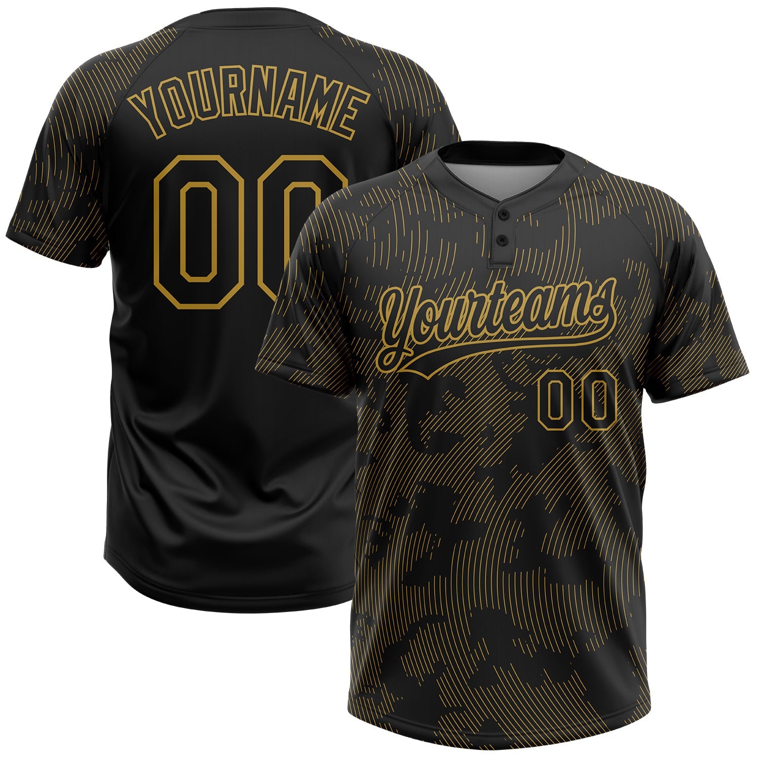Custom Black Old Gold 3D Pattern Curve Lines Two-Button Unisex Softball Jersey - Main View
