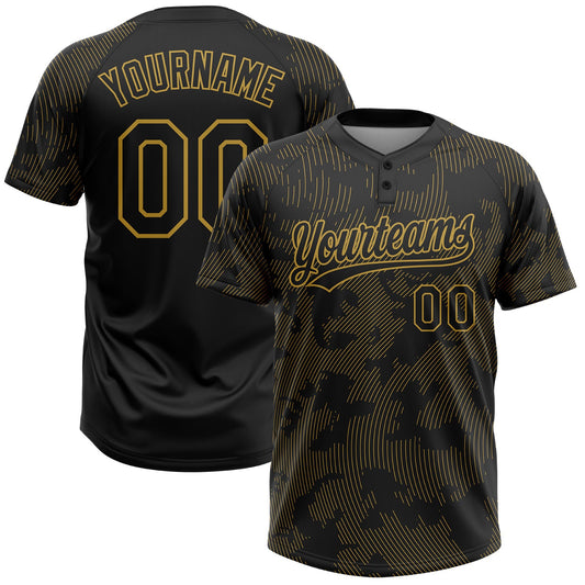 Custom Black Old Gold 3D Pattern Curve Lines Two-Button Unisex Softball Jersey - Main View
