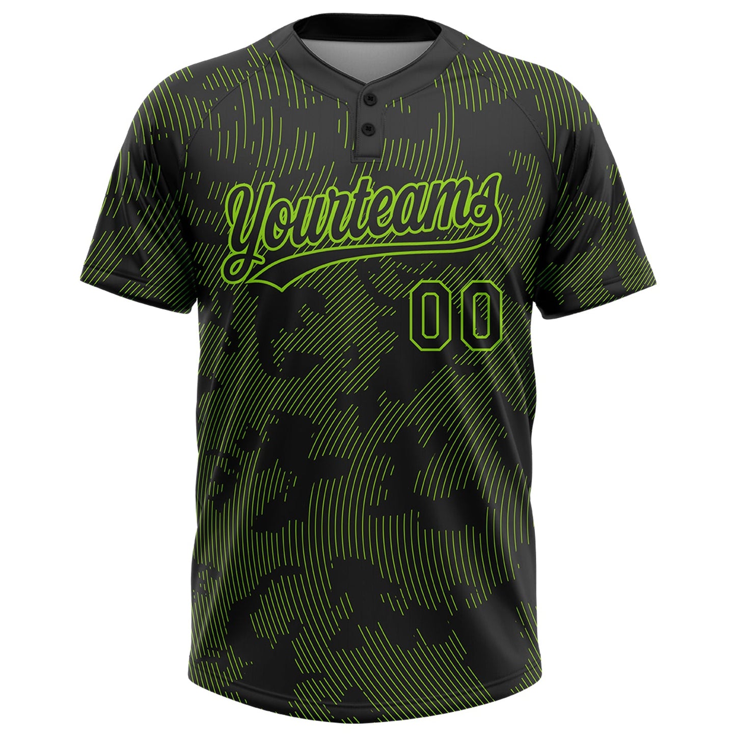 Custom Black Neon Green 3D Pattern Curve Lines Two-Button Unisex Softball Jersey view 2