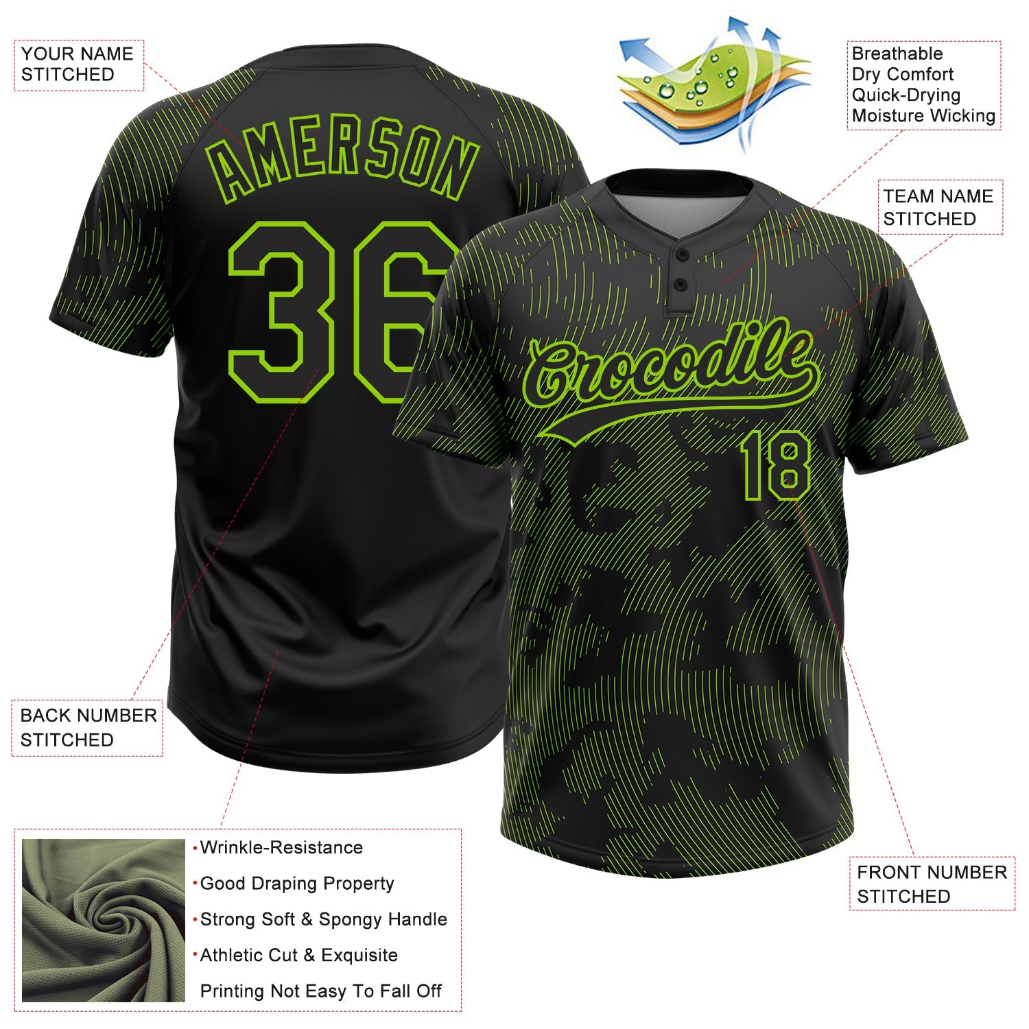 Custom Black Neon Green 3D Pattern Curve Lines Two-Button Unisex Softball Jersey view 3