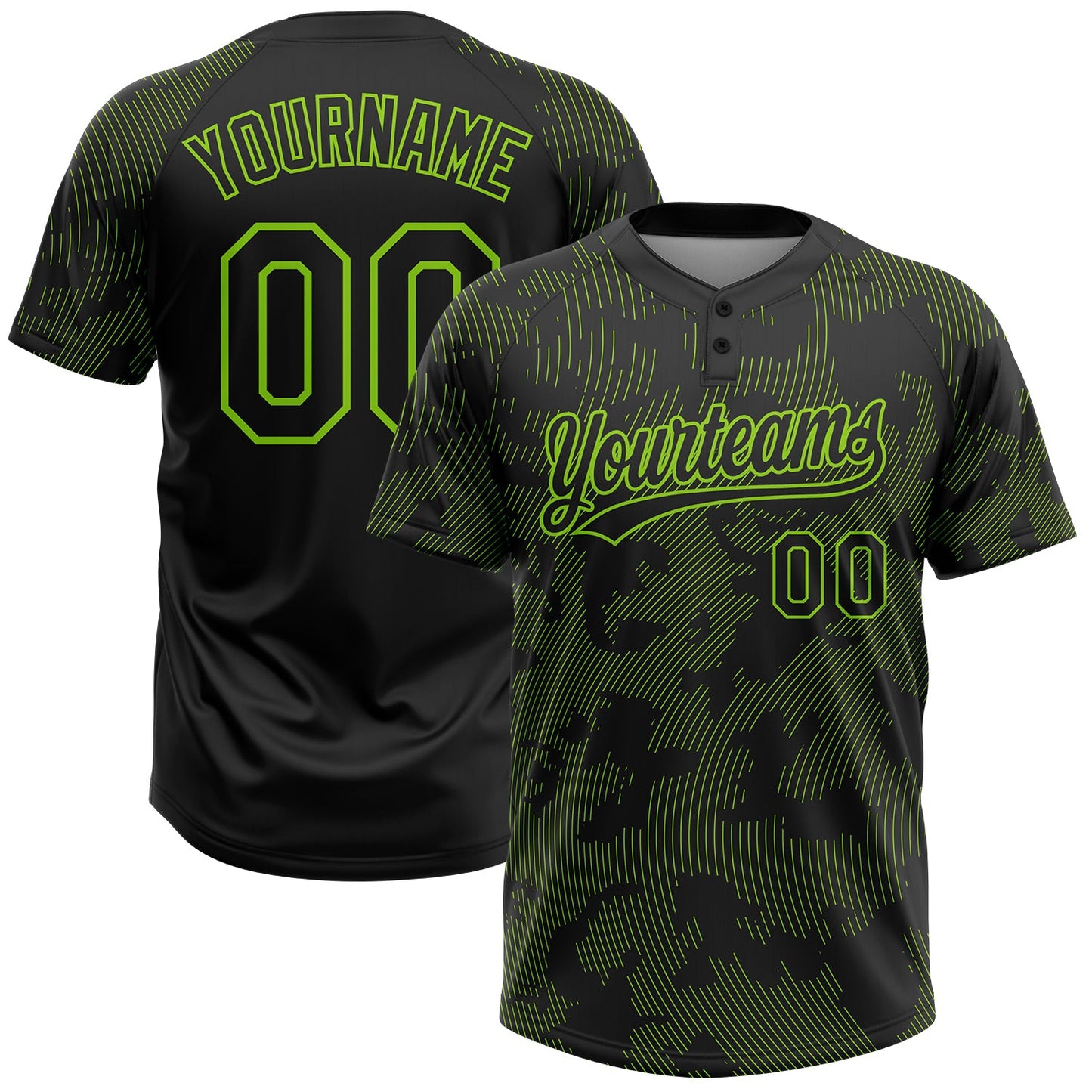 Custom Black Neon Green 3D Pattern Curve Lines Two-Button Unisex Softball Jersey - Main View