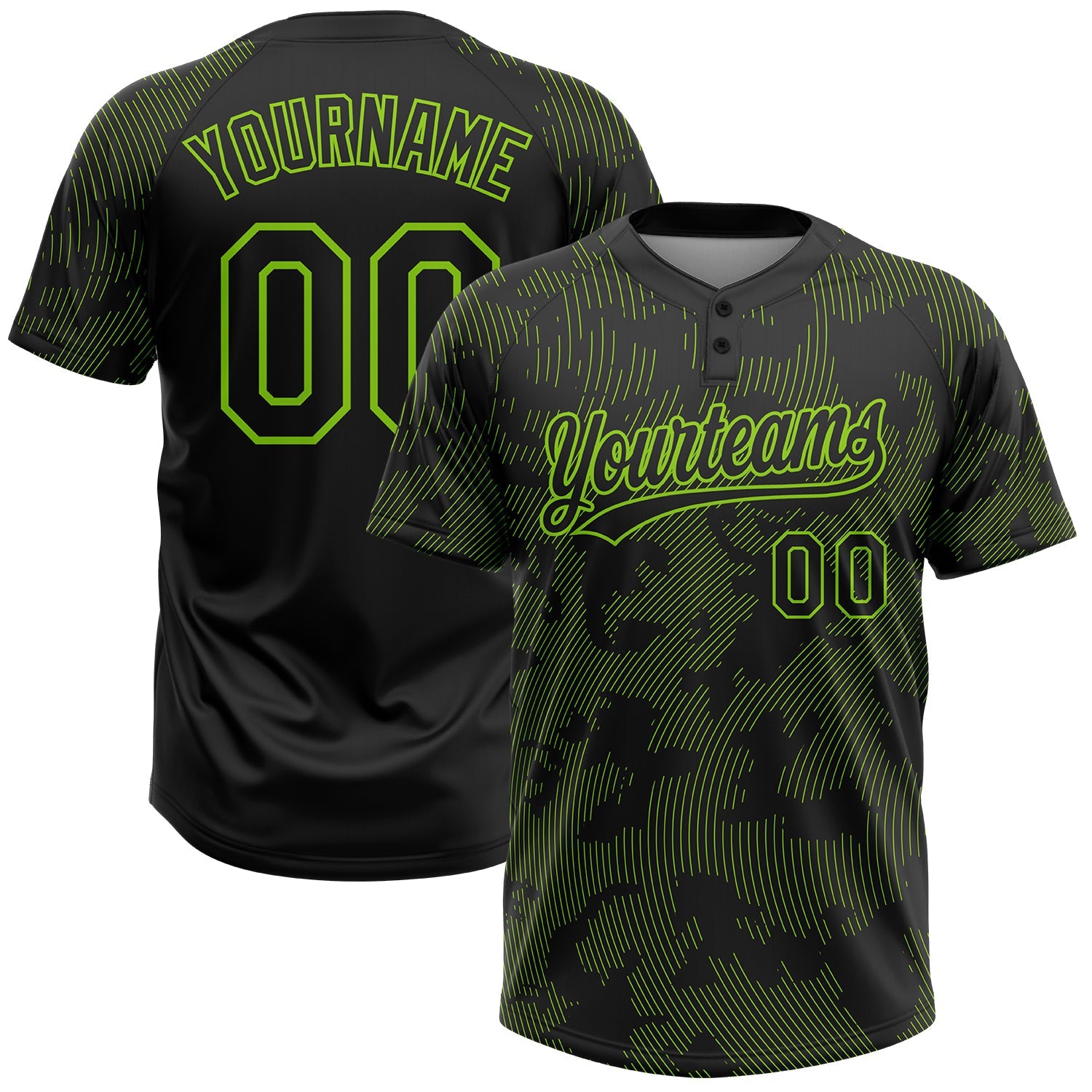 Custom Black Neon Green 3D Pattern Curve Lines Two-Button Unisex Softball Jersey - Main View