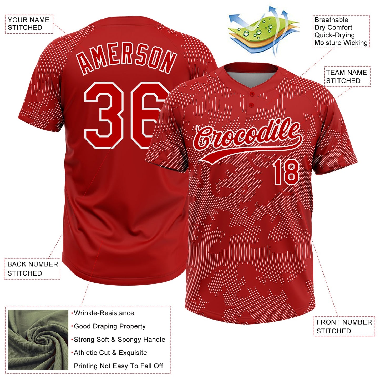 Custom Red White 3D Pattern Curve Lines Two-Button Unisex Softball Jersey view 3