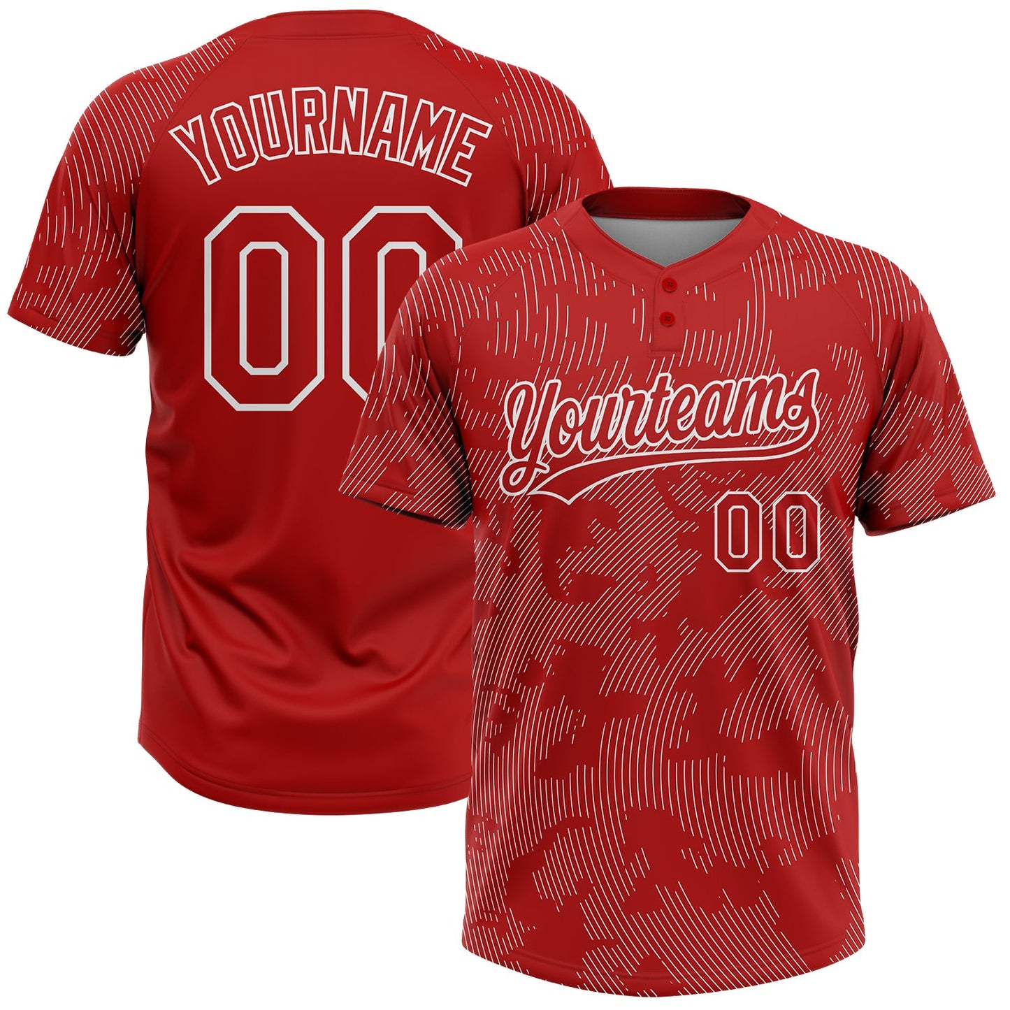 Custom Red White 3D Pattern Curve Lines Two-Button Unisex Softball Jersey - Main View
