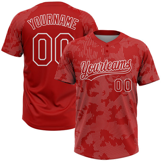 Custom Red White 3D Pattern Curve Lines Two-Button Unisex Softball Jersey - Main View