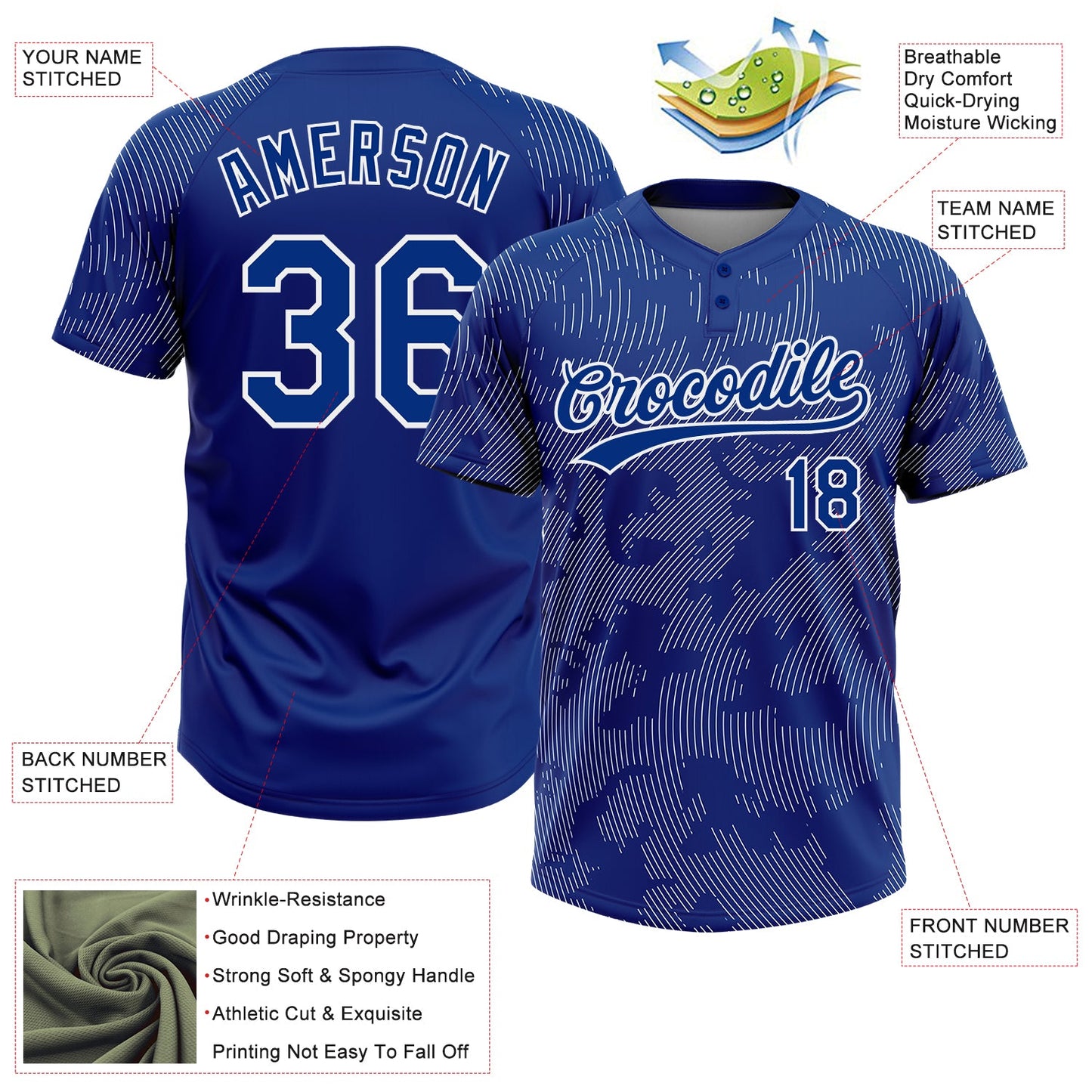 Custom Royal White 3D Pattern Curve Lines Two-Button Unisex Softball Jersey view 3