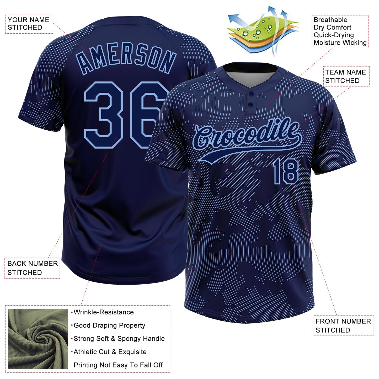 Custom Navy Light Blue 3D Pattern Curve Lines Two-Button Unisex Softball Jersey view 3