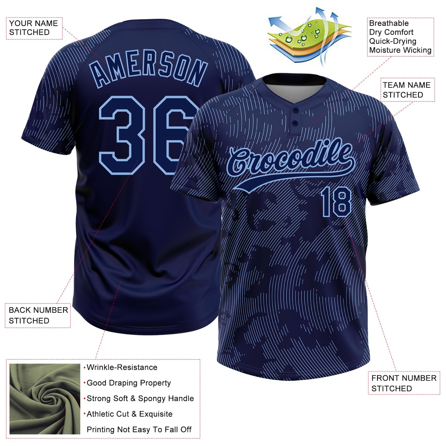 Custom Navy Light Blue 3D Pattern Curve Lines Two-Button Unisex Softball Jersey view 3