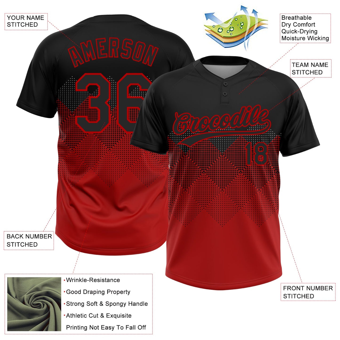 Custom Black Red 3D Pattern Gradient Square Shapes Two-Button Unisex Softball Jersey view 3
