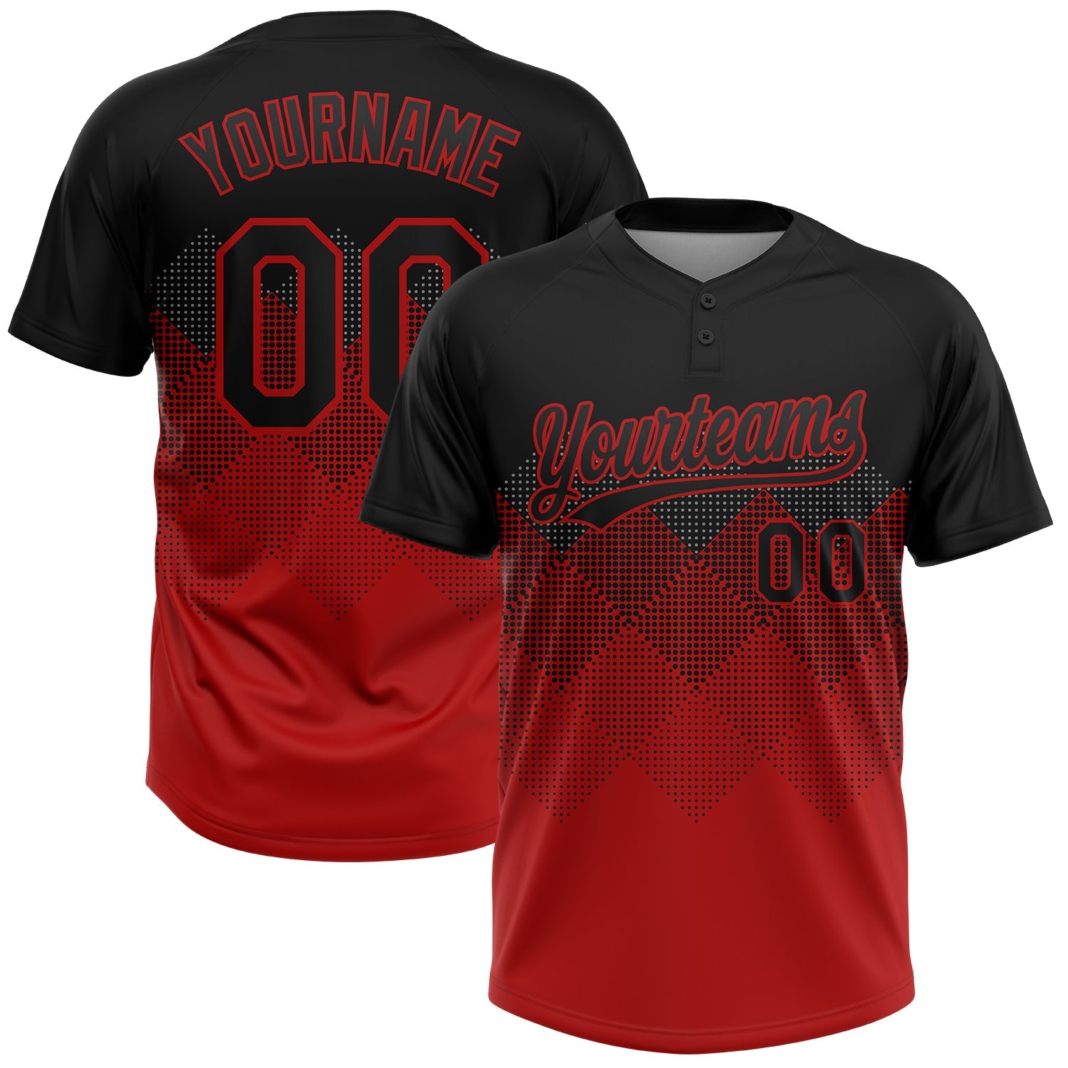 Custom Black Red 3D Pattern Gradient Square Shapes Two-Button Unisex Softball Jersey - Main View