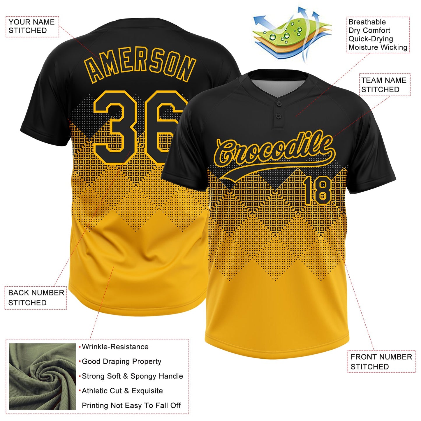Custom Black Gold 3D Pattern Gradient Square Shapes Two-Button Unisex Softball Jersey view 3