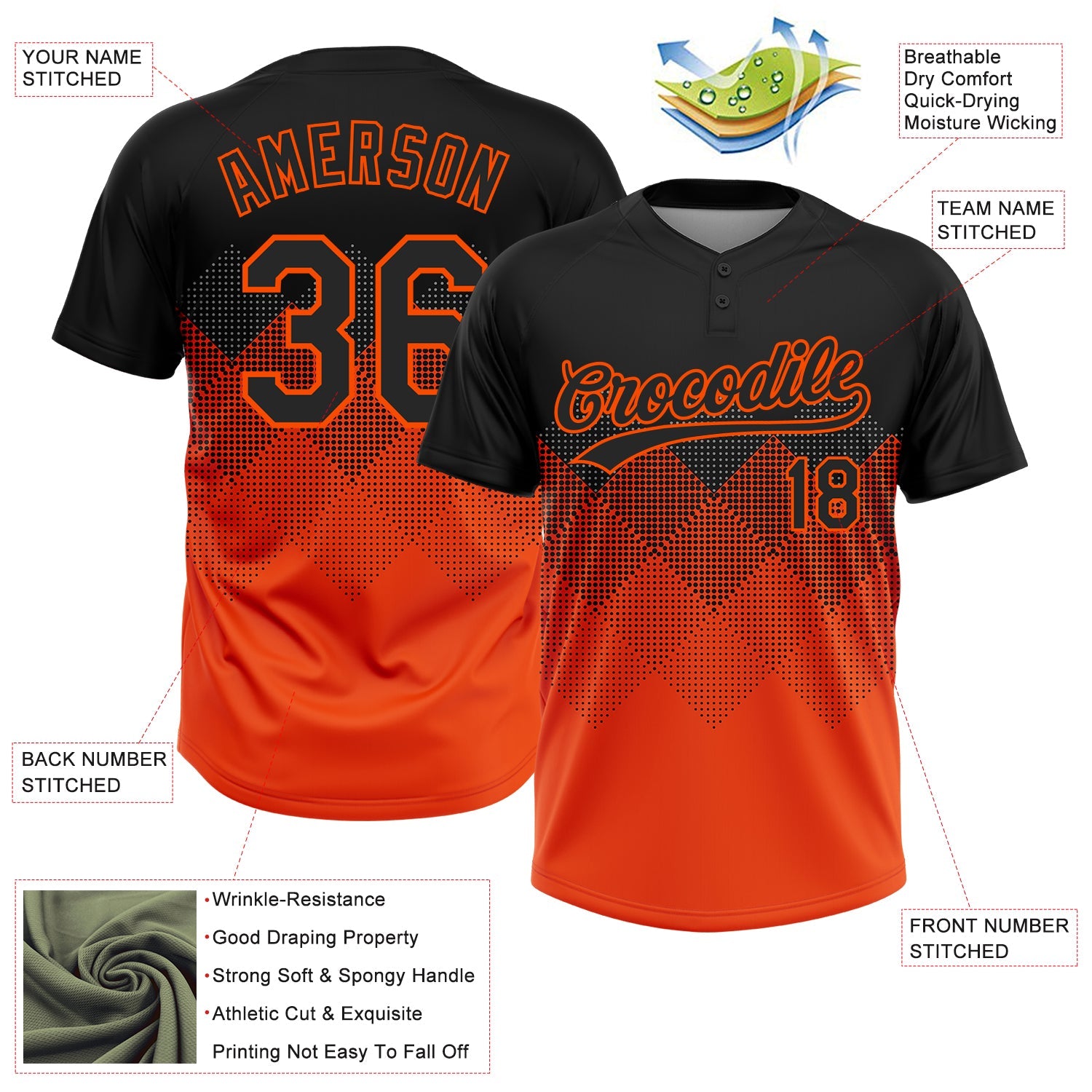 Custom Black Orange 3D Pattern Gradient Square Shapes Two-Button Unisex Softball Jersey view 3