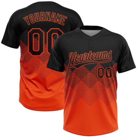 Custom Black Orange 3D Pattern Gradient Square Shapes Two-Button Unisex Softball Jersey - Main View