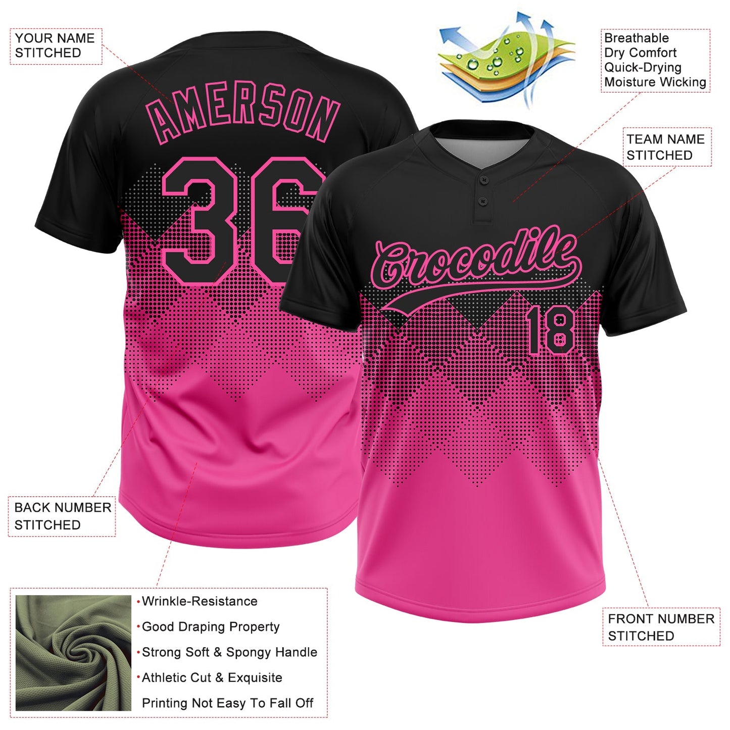 Custom Black Pink 3D Pattern Gradient Square Shapes Two-Button Unisex Softball Jersey view 3