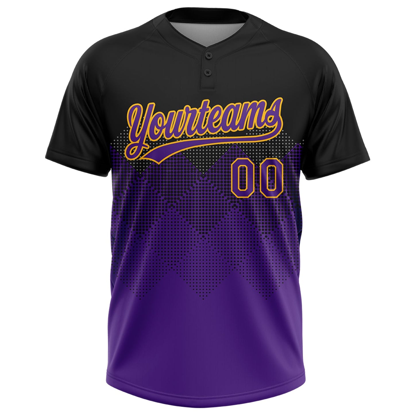 Custom Black Purple-Gold 3D Pattern Gradient Square Shapes Two-Button Unisex Softball Jersey view 2