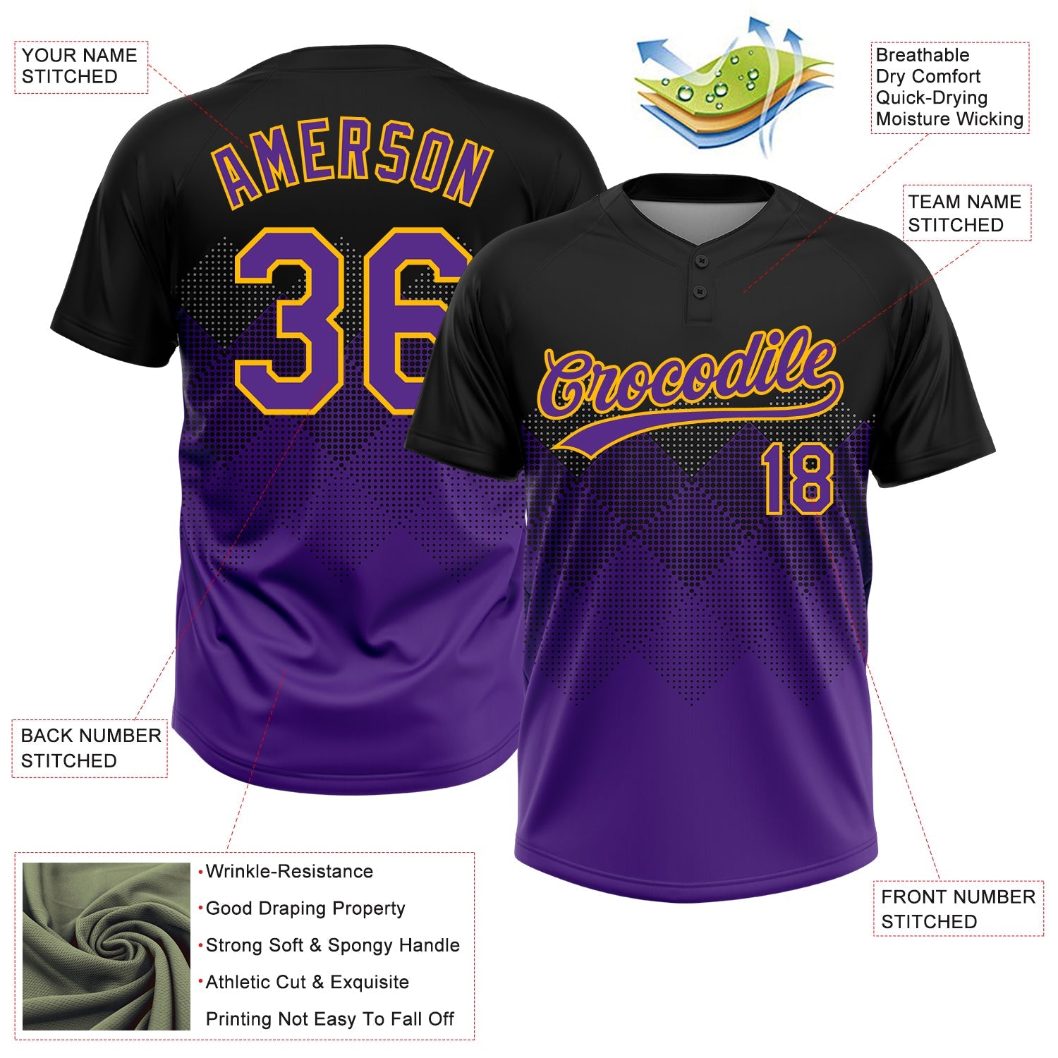 Custom Black Purple-Gold 3D Pattern Gradient Square Shapes Two-Button Unisex Softball Jersey view 3