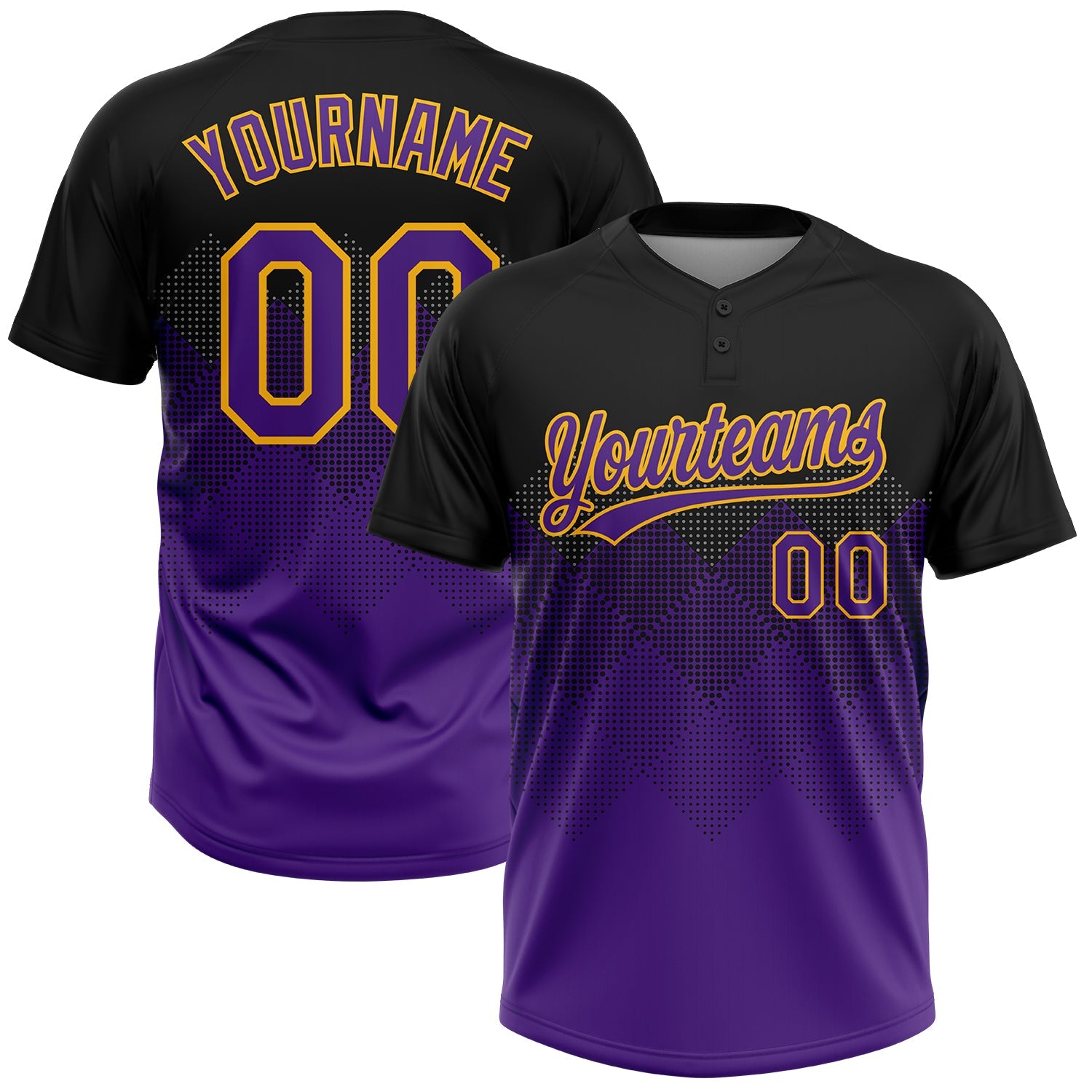 Custom Black Purple-Gold 3D Pattern Gradient Square Shapes Two-Button Unisex Softball Jersey - Main View