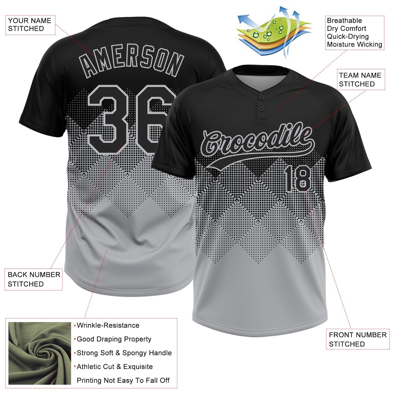 Custom Black Gray 3D Pattern Gradient Square Shapes Two-Button Unisex Softball Jersey view 4