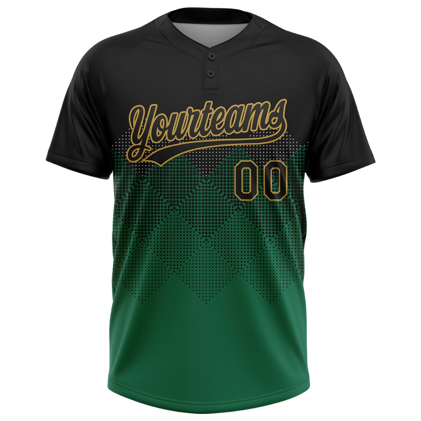 Custom Black Kelly Green-Old Gold 3D Pattern Gradient Square Shapes Two-Button Unisex Softball Jersey view 2